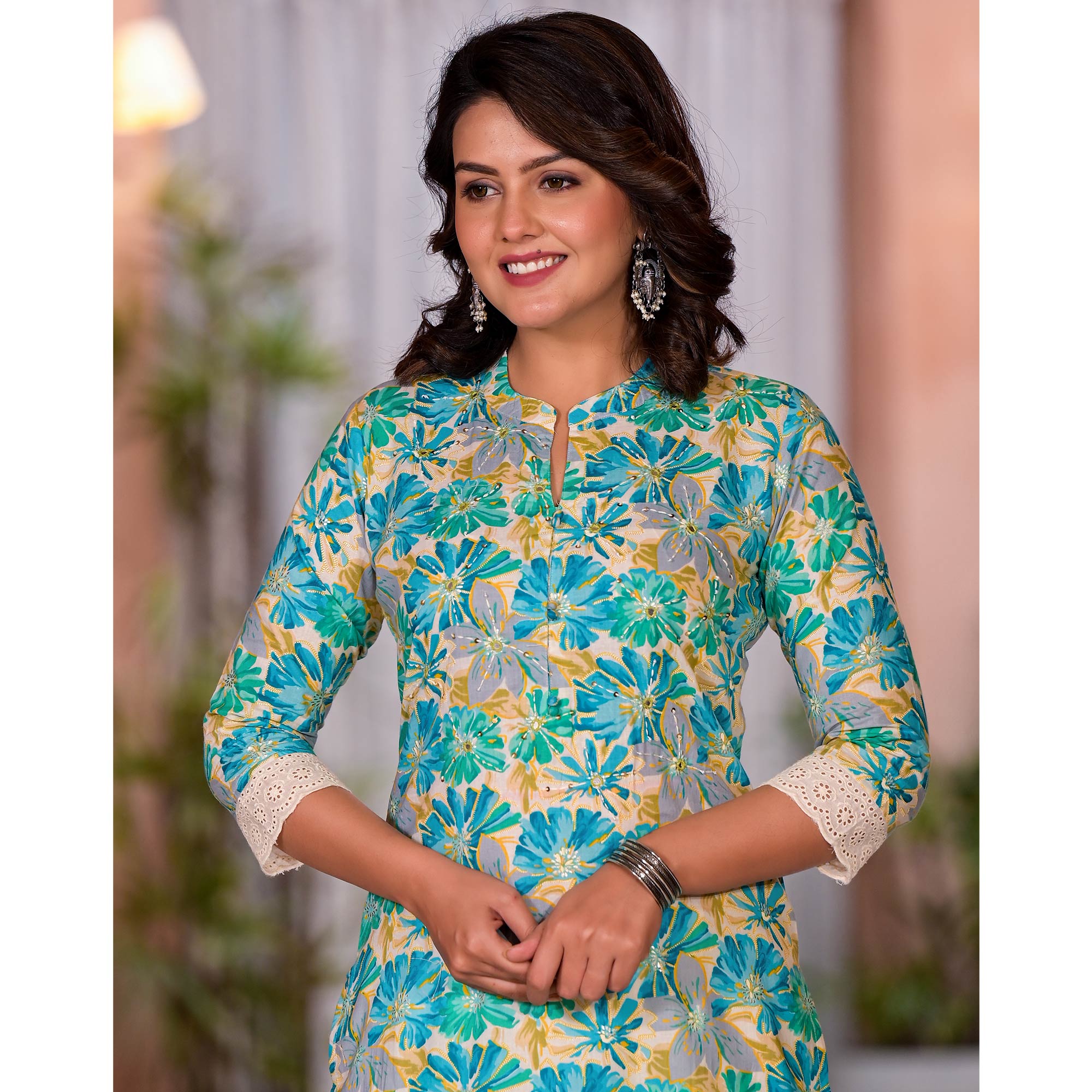 Blue Floral Printed Pure Cotton Straight Kurti