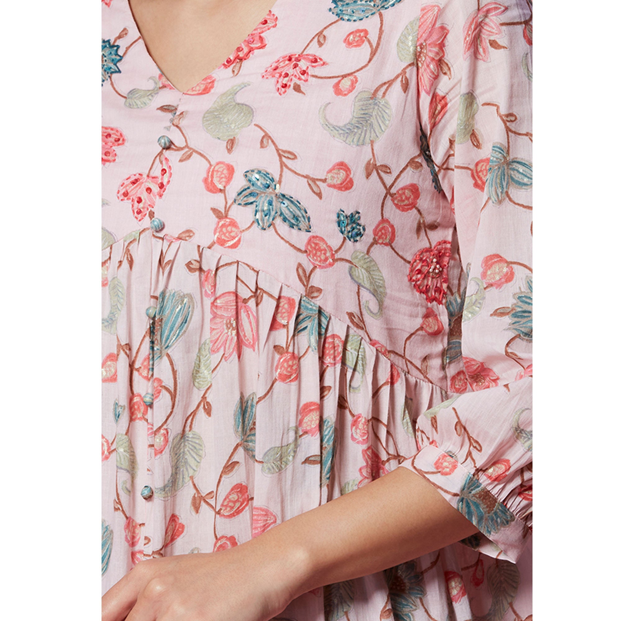 Peach Floral Printed Pure Cotton Dress