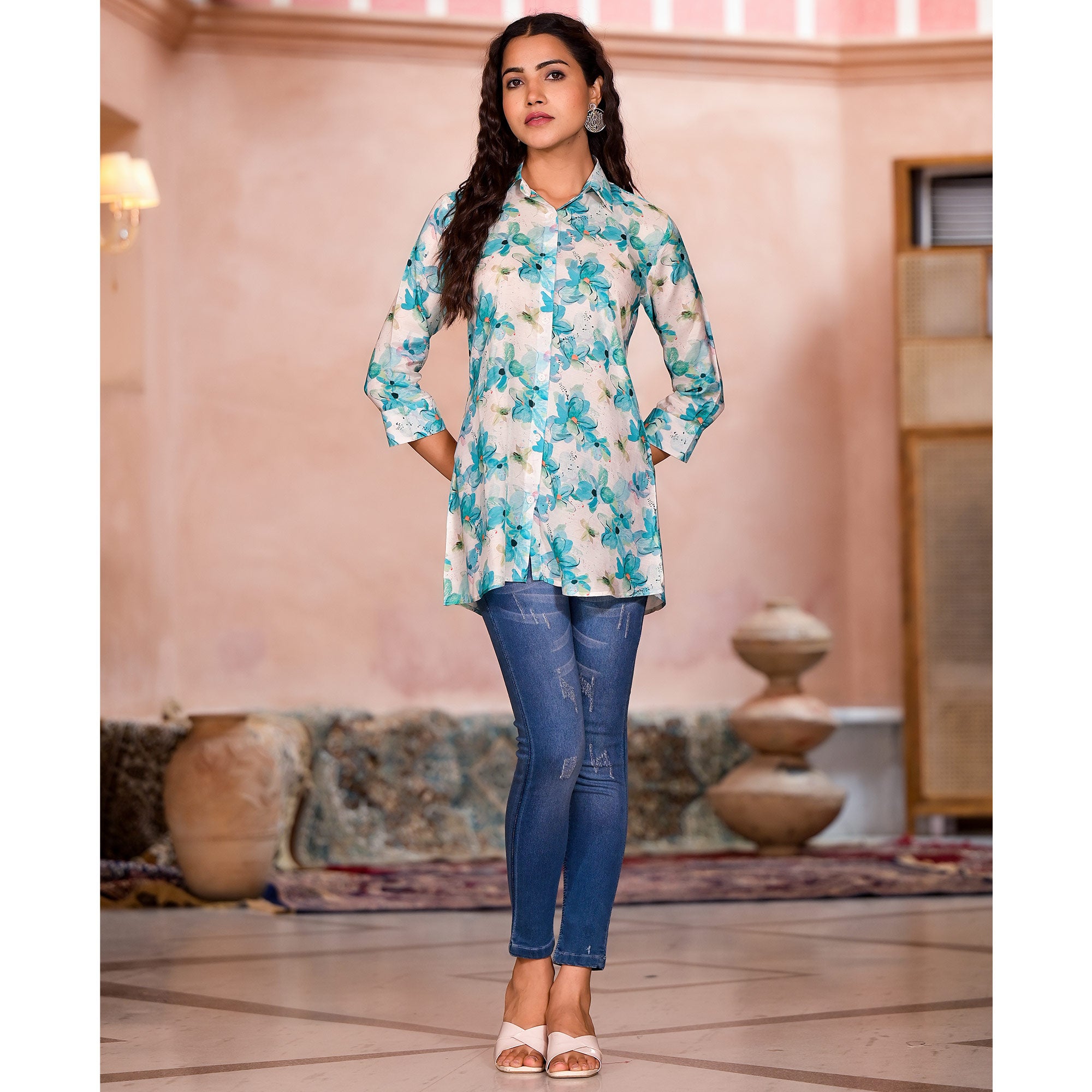 Turquoise Floral Printed Muslin Top