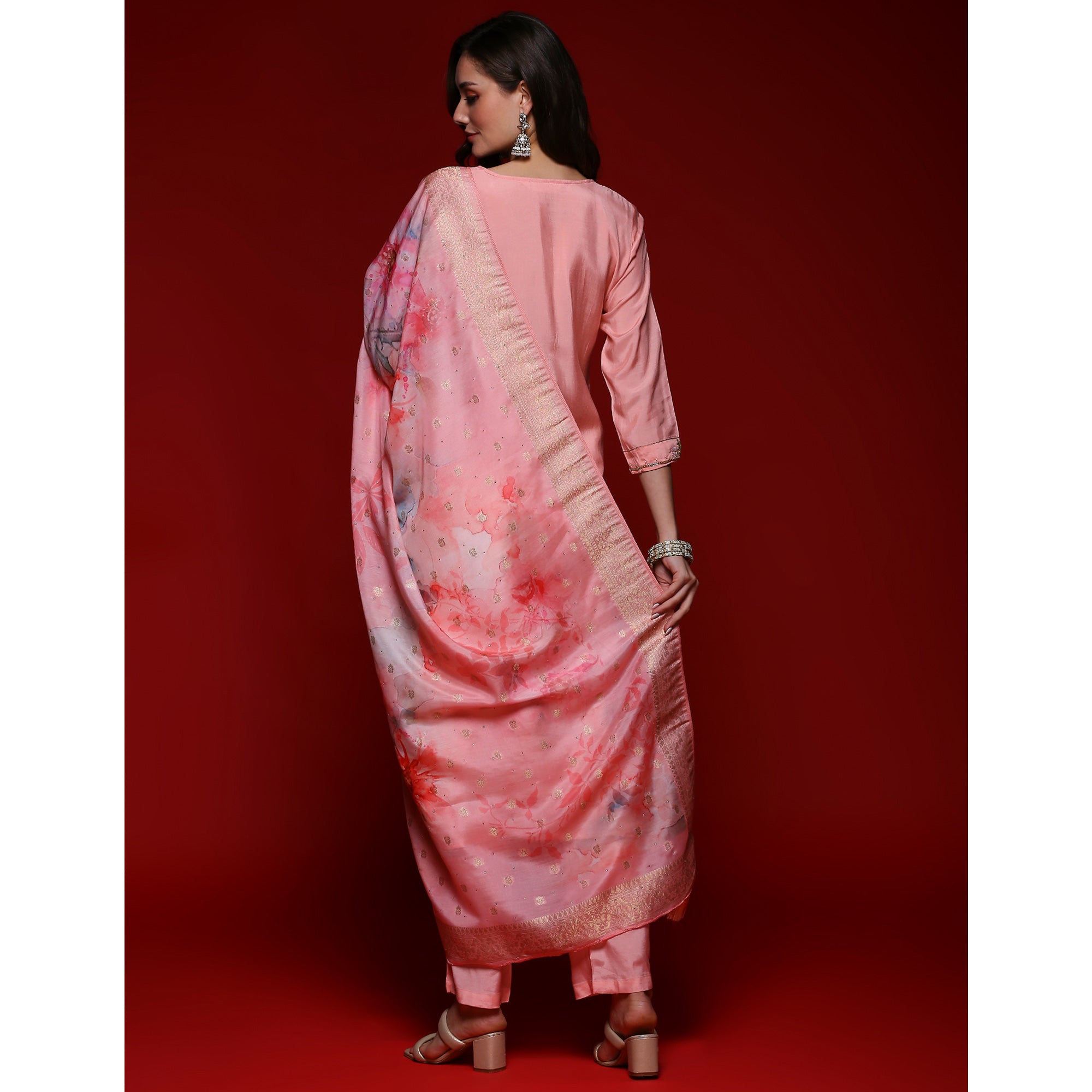 Pink Floral Embroidered Muslin Straight Salwar Suit