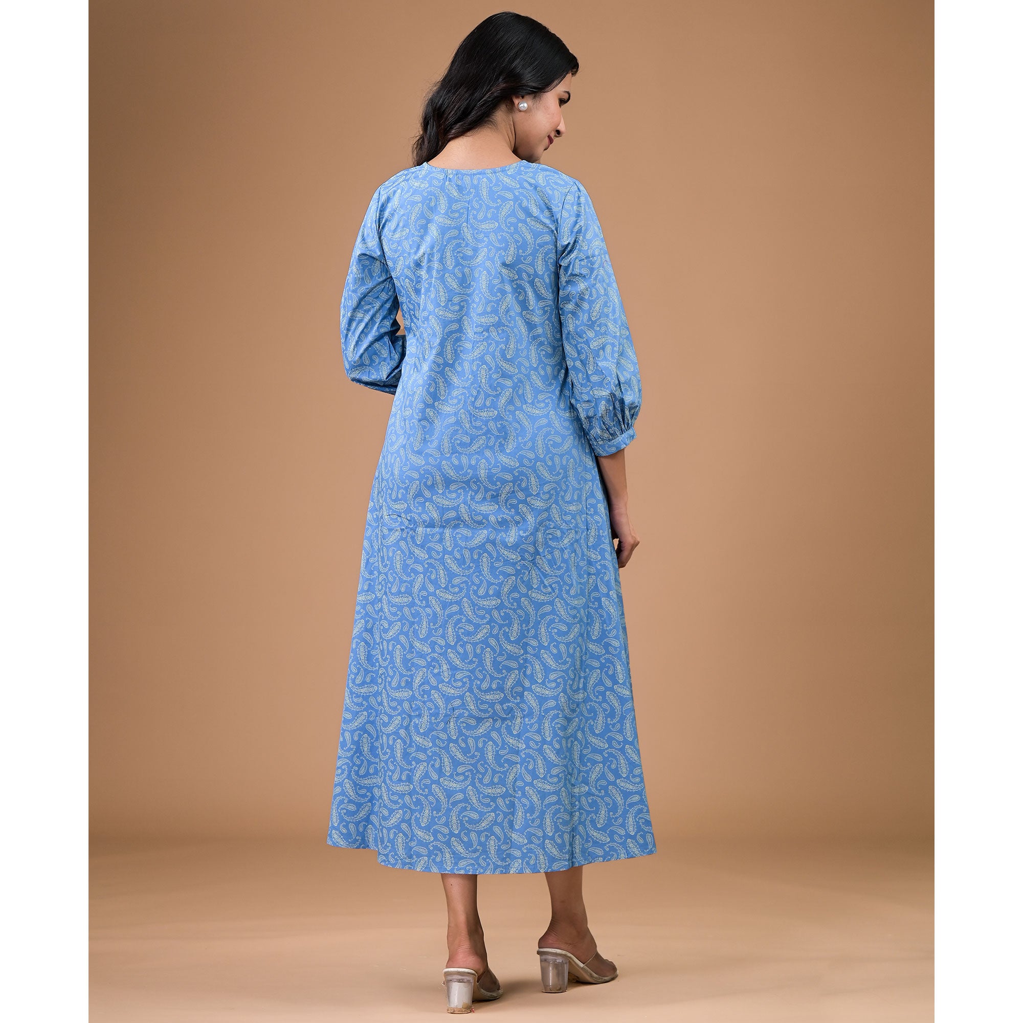 Blue Paisley Printed Satin A-Line Dress