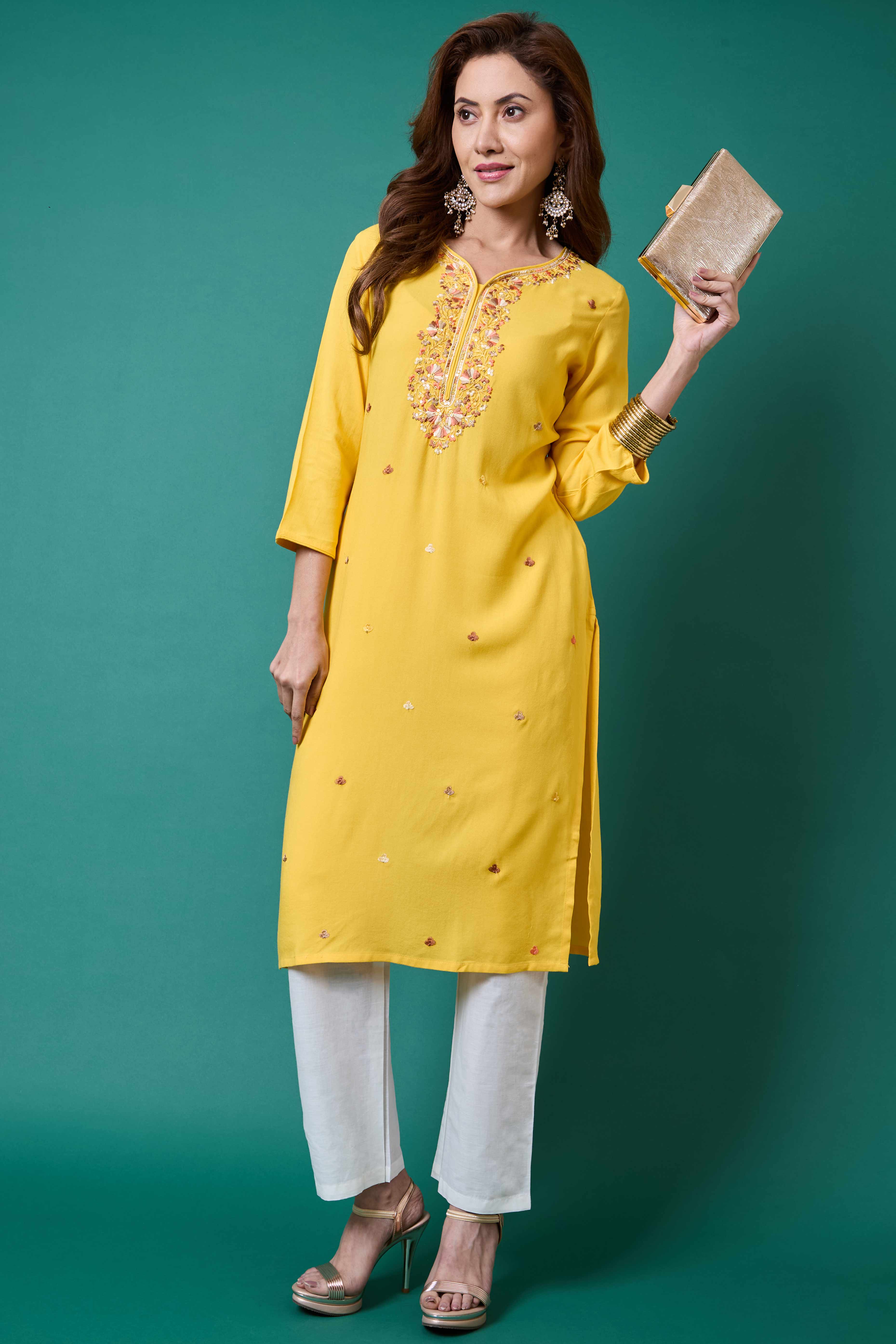 Yellow Yoke Embroidered Rayon Straight Kurti