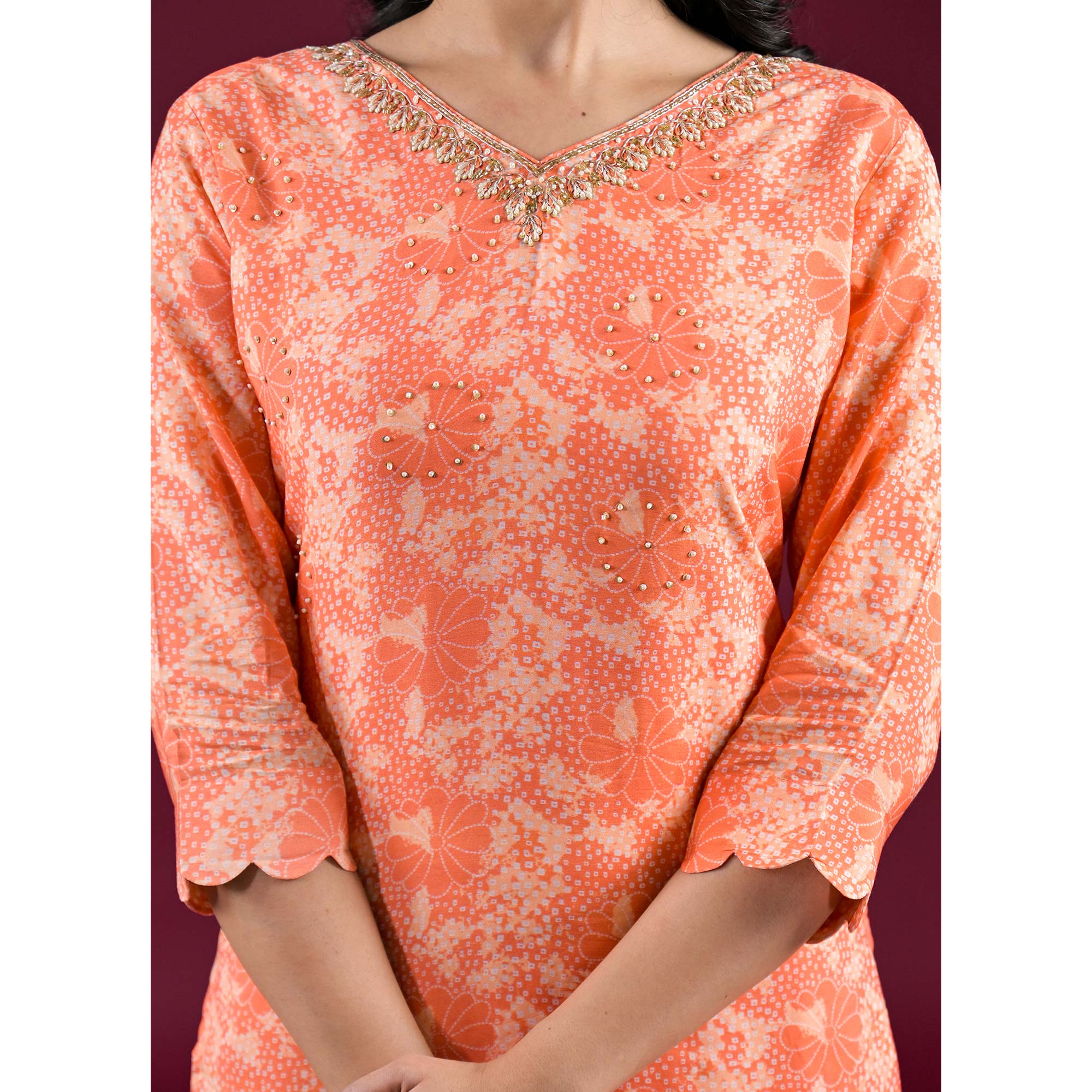 Orange Floral Printed Muslin Straight Salwar Suit