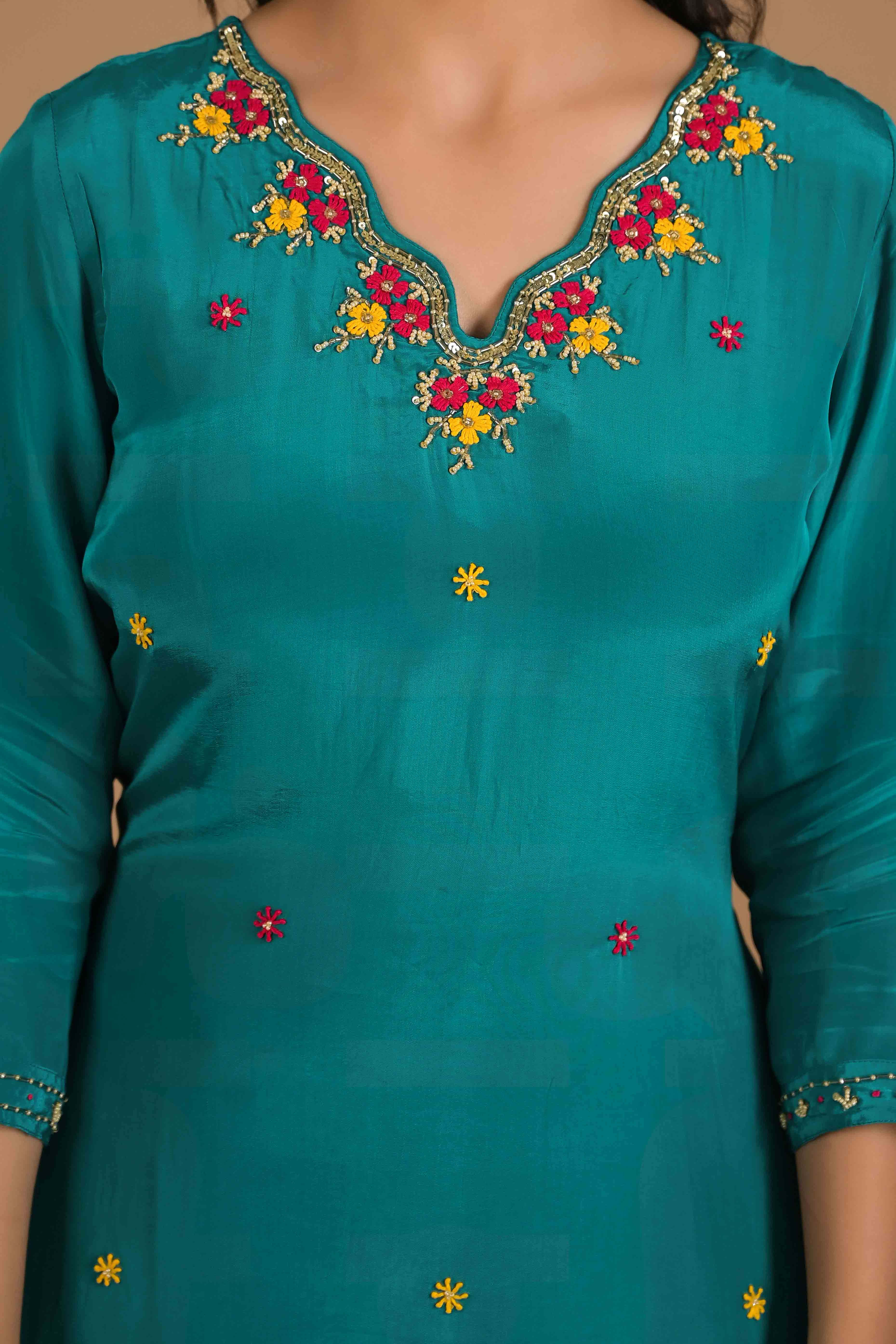 Turquoise Beads Work Embroidered Crepe Salwar Suit