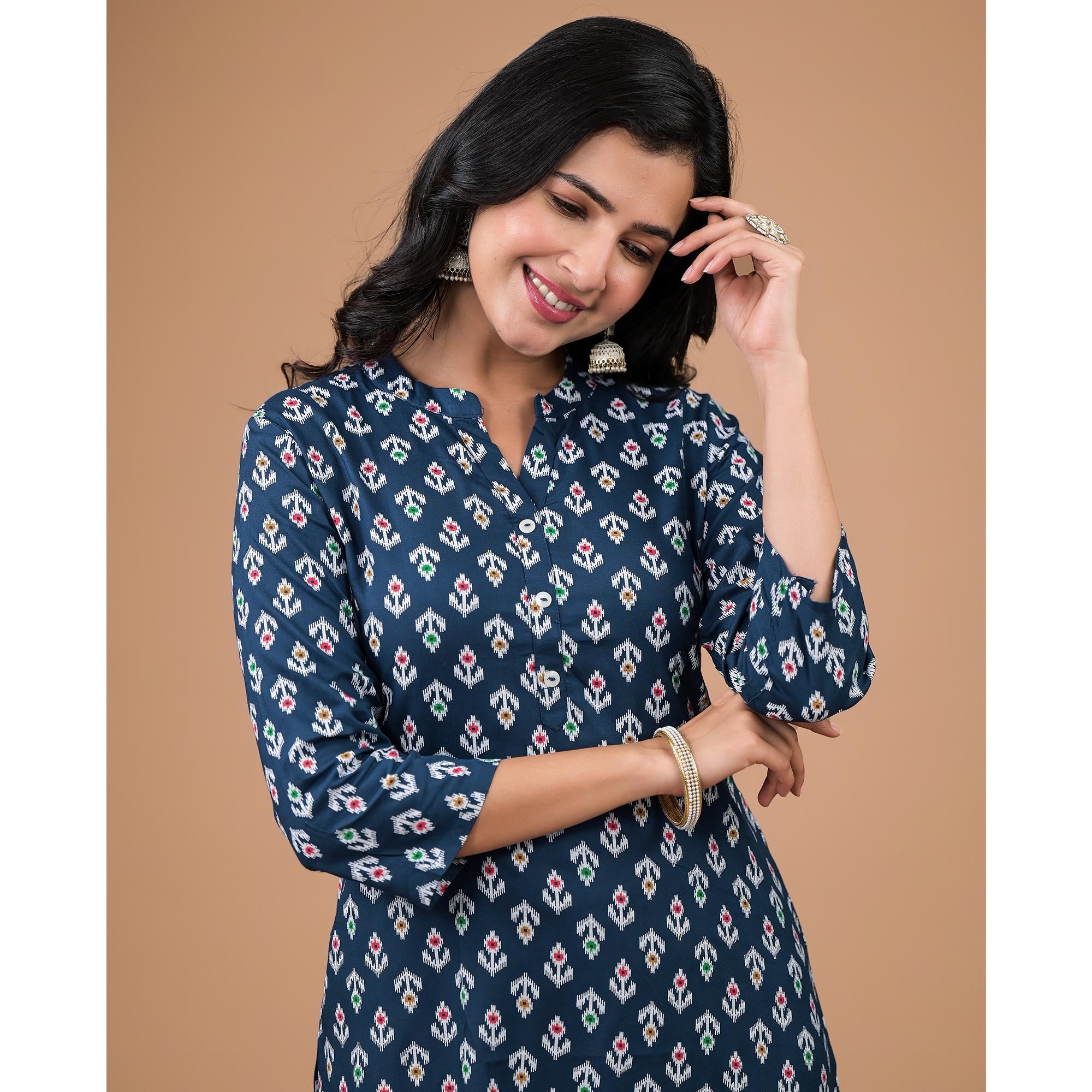 Navy Blue Rayon Printed Straight Kurti