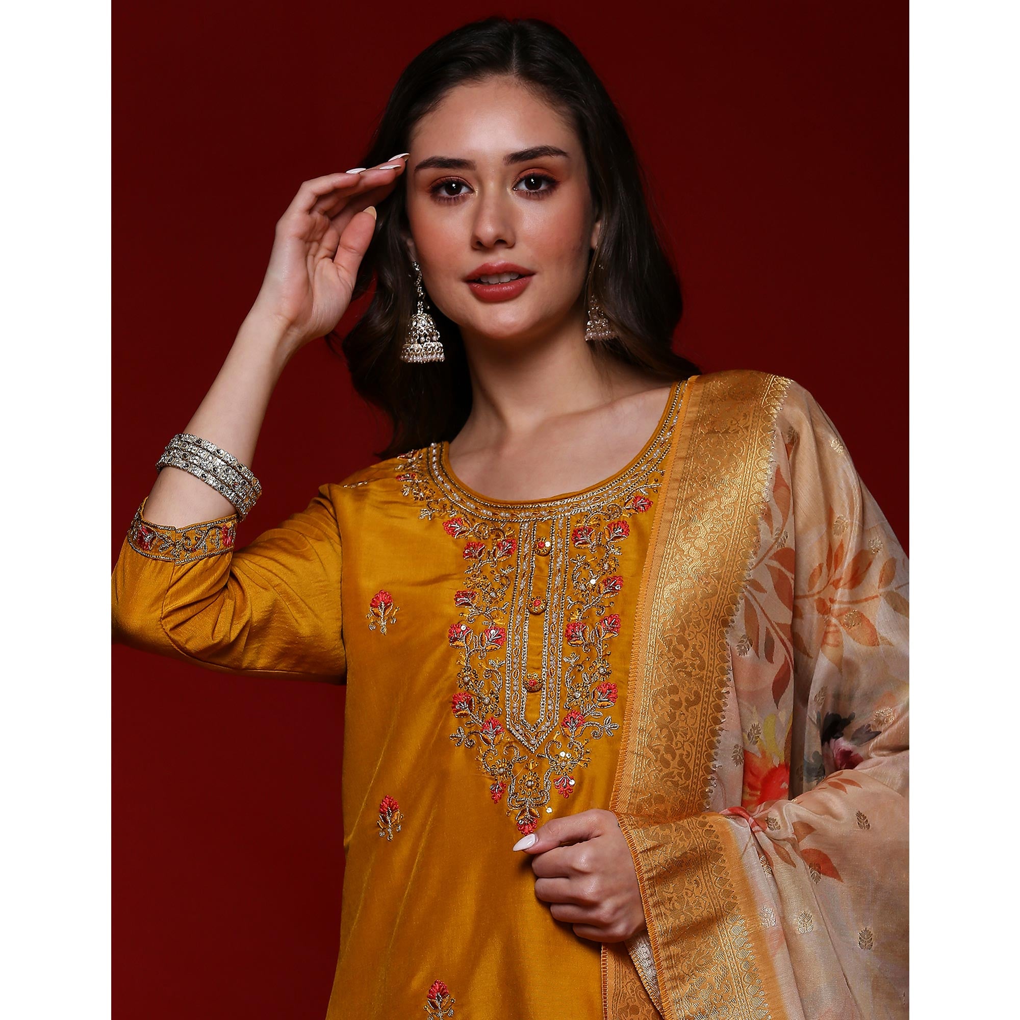 Mustard Floral Embroidered Cotton Silk Salwar Suit