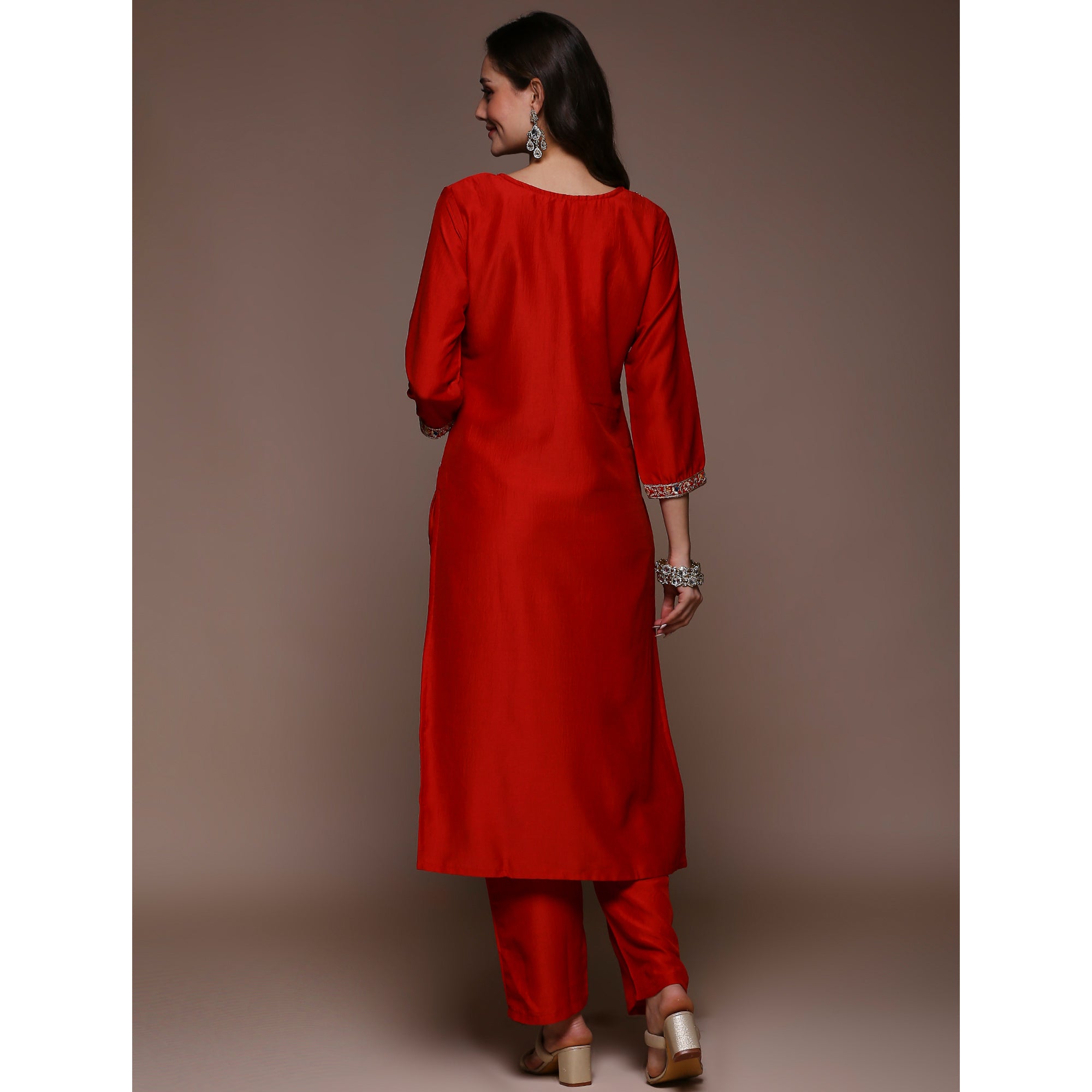 Red Floral Embroidered Cotton Silk Salwar Suit