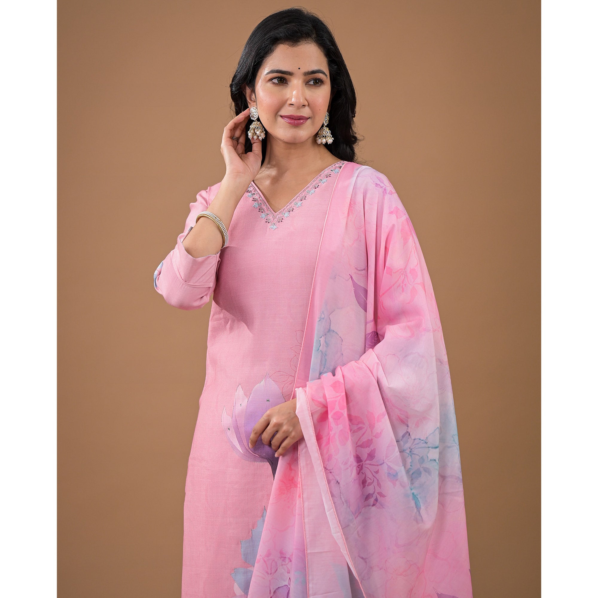 Pink Embroidered Viscose Straight Salwar Suit