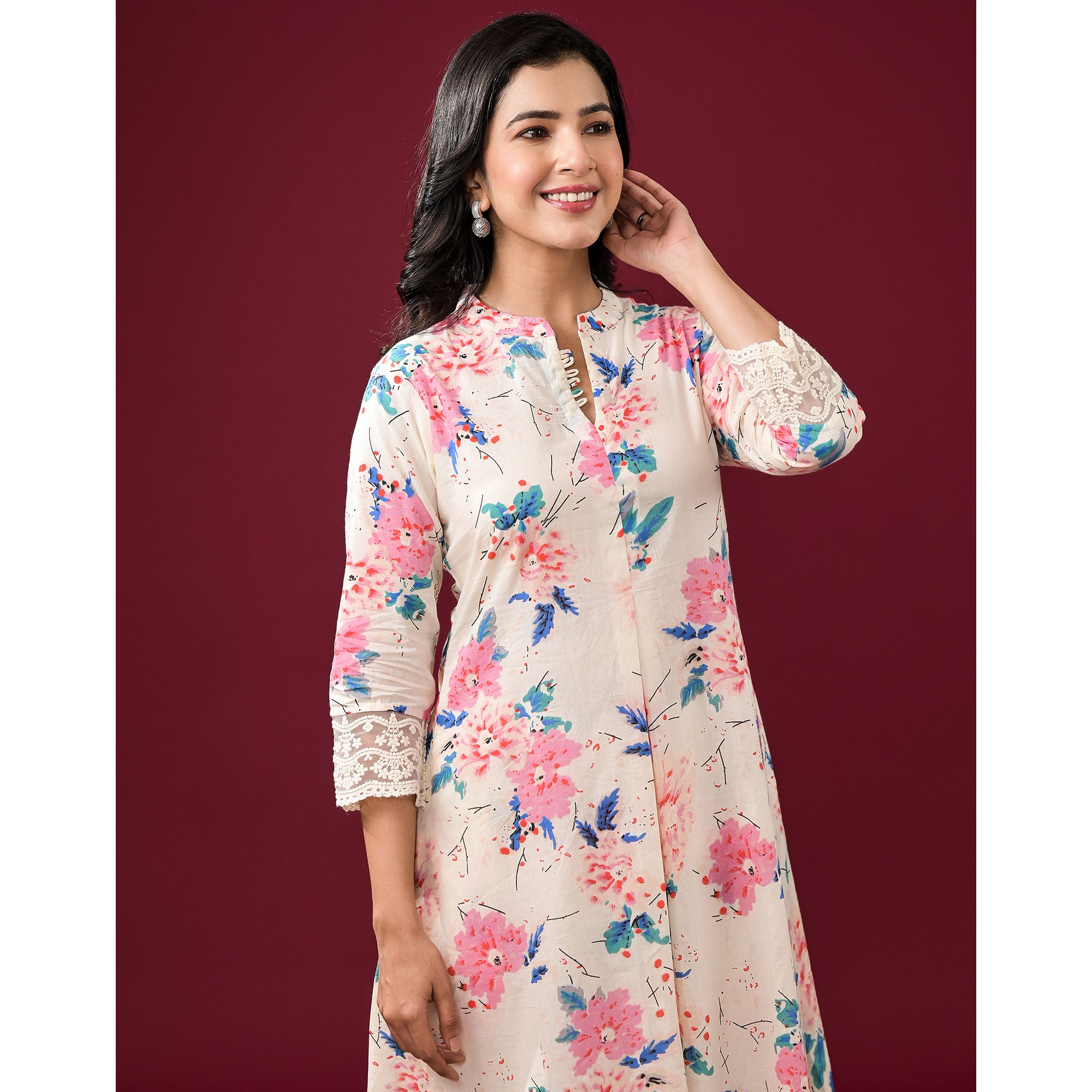 Off White Floral Printed Pure Cotton Co-Ord Set