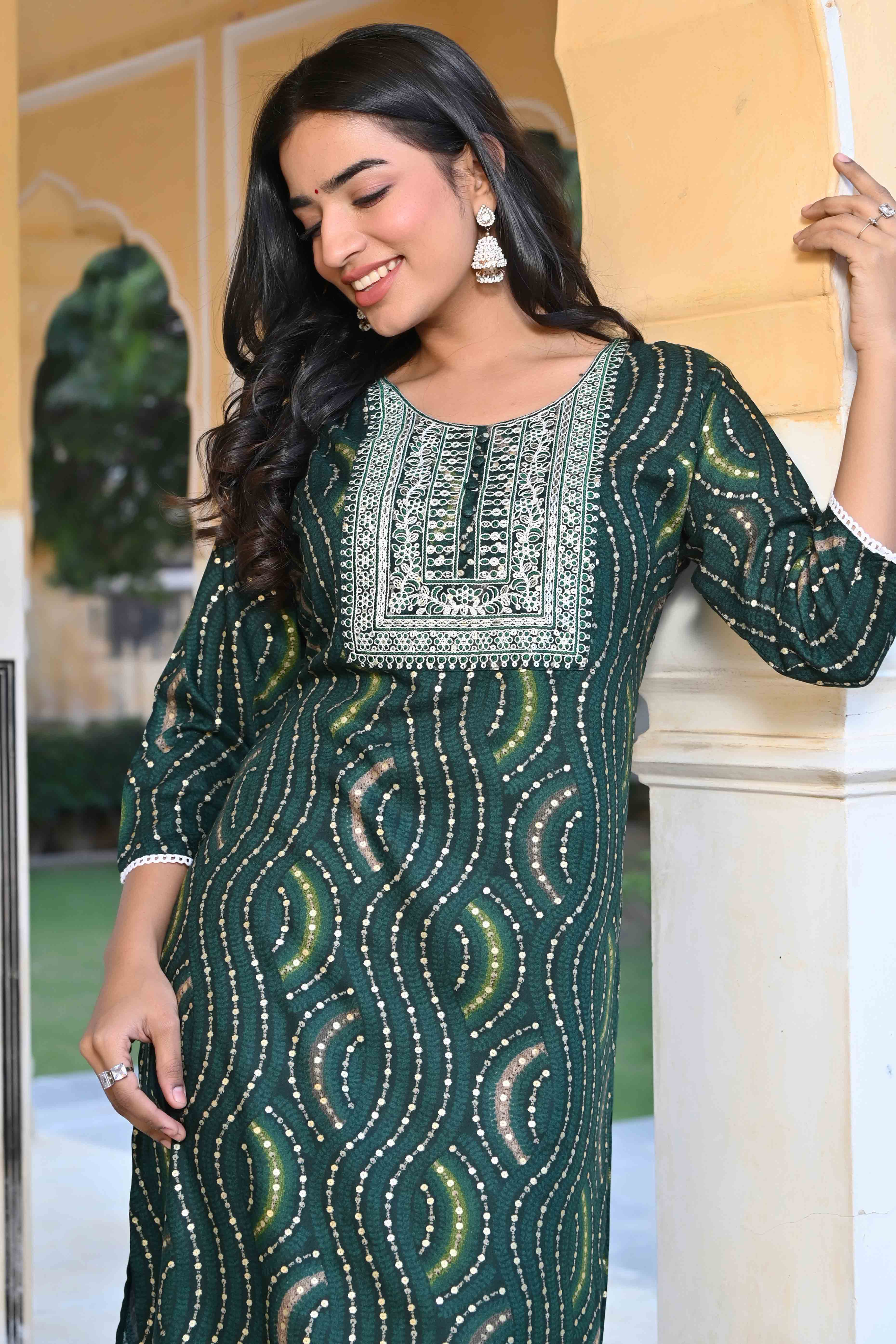 Green Foil Printed Rayon Straight Kurti