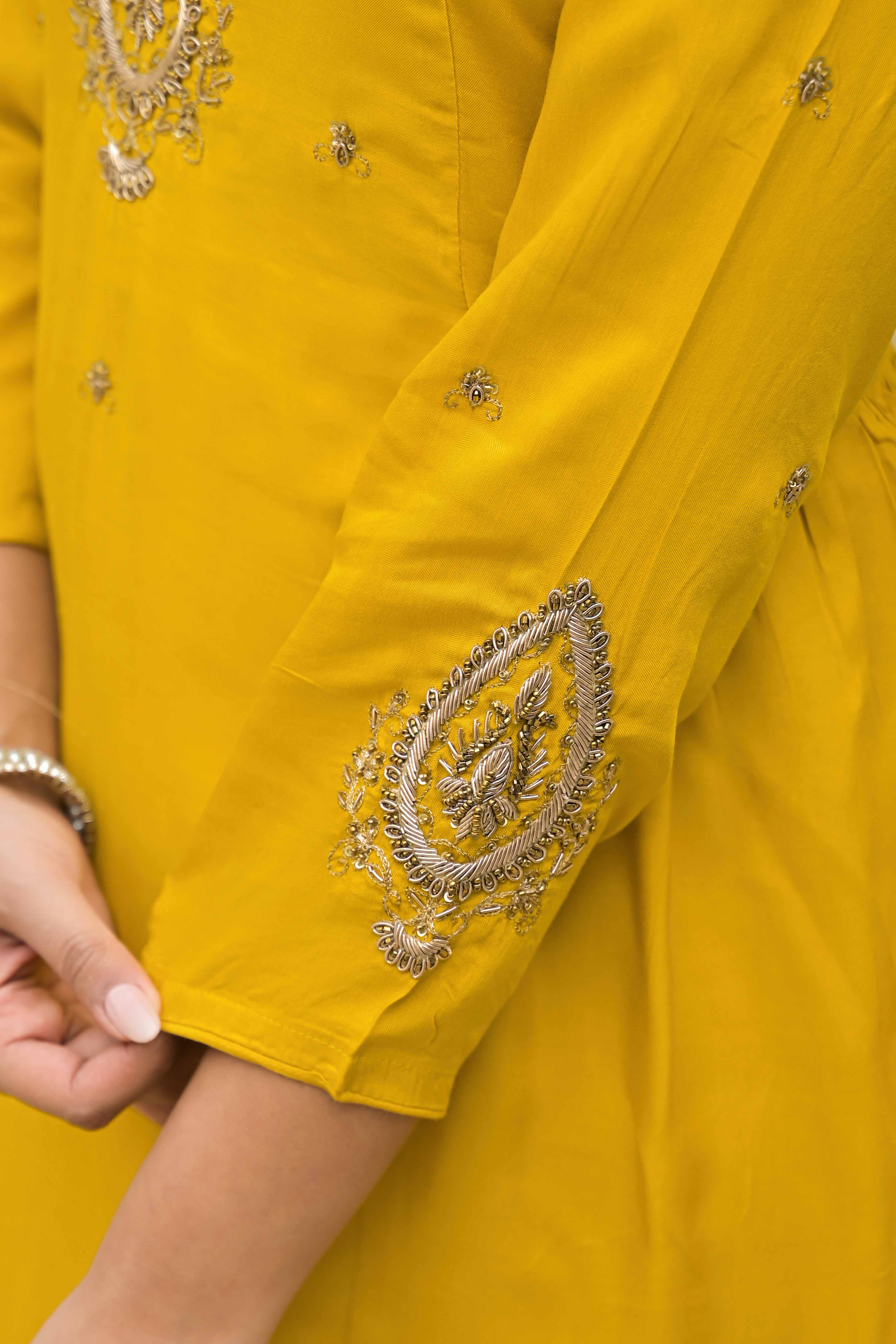 Mustard Hand Ari Work Muslin Anarkali Style Salwar Suit