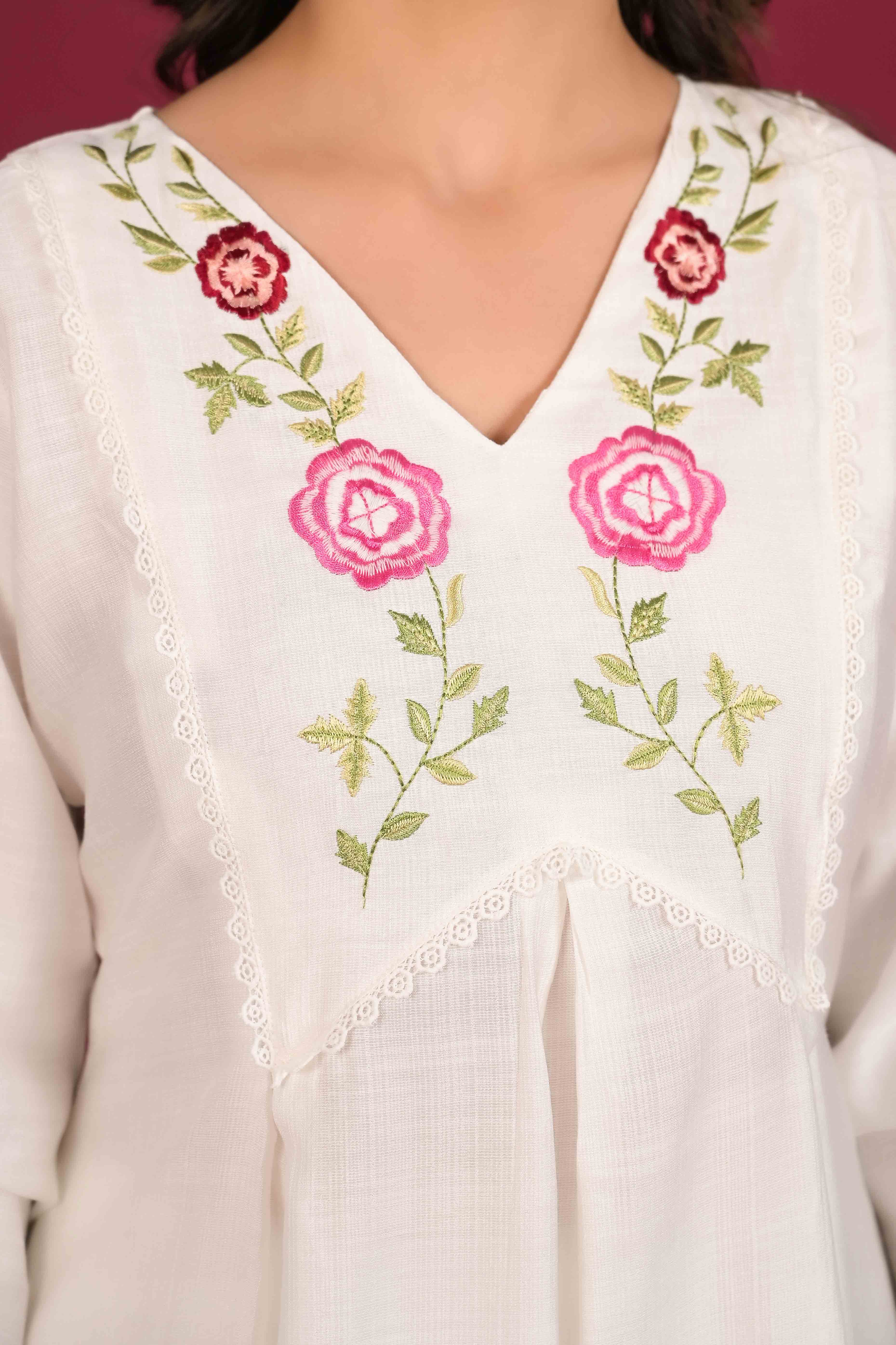 White Neck Embroidered Viscose Top Bottom Set