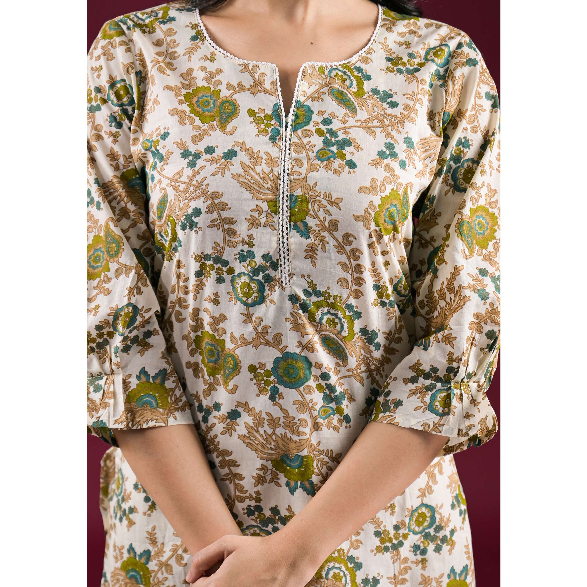 Off White Floral Printed Pure Cotton Straight Kurti