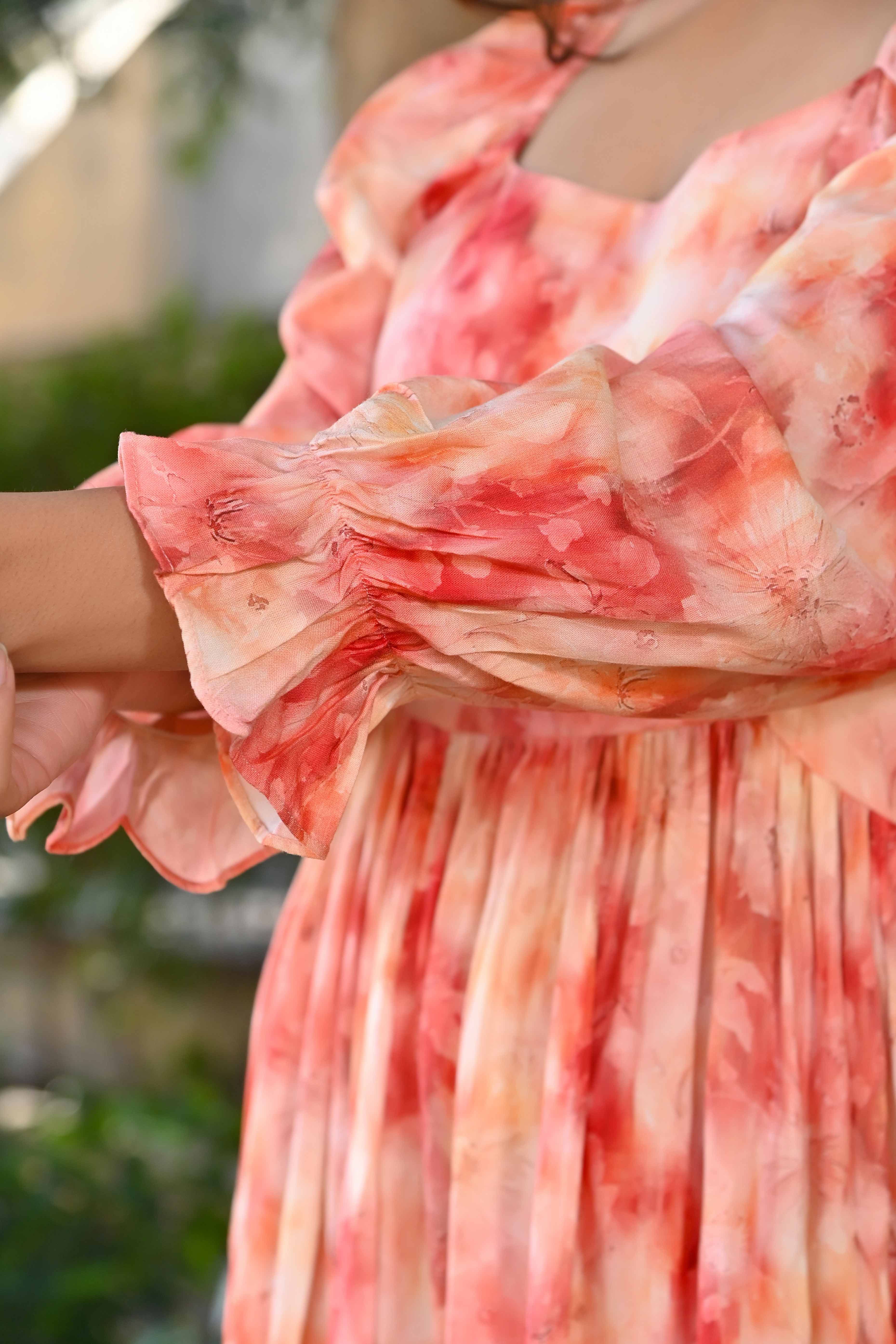 Peach Floral Printed Rayon Maxi Dress