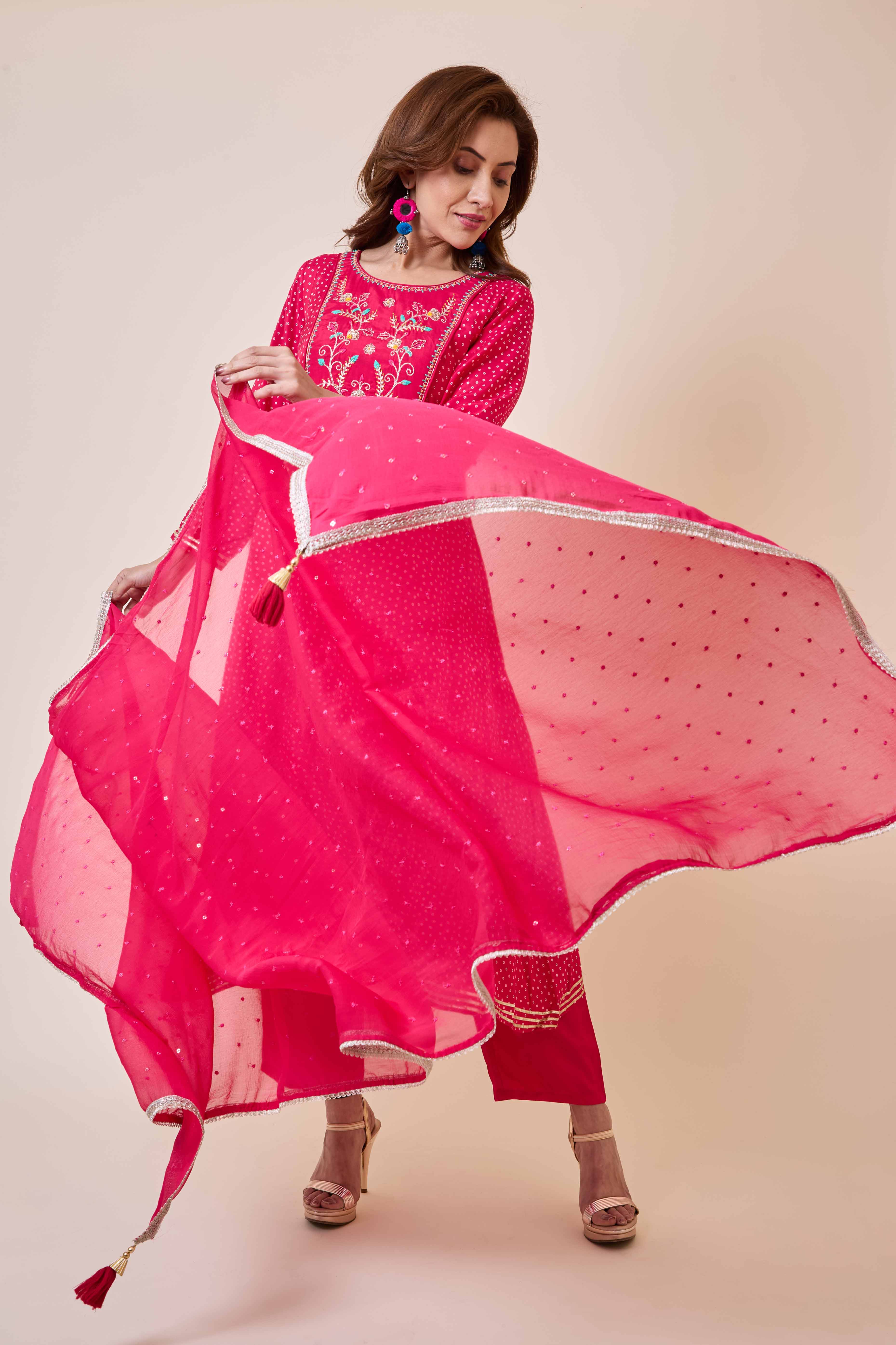 Rani Pink Embroidered Anarkali Style Muslin Salwar Suit