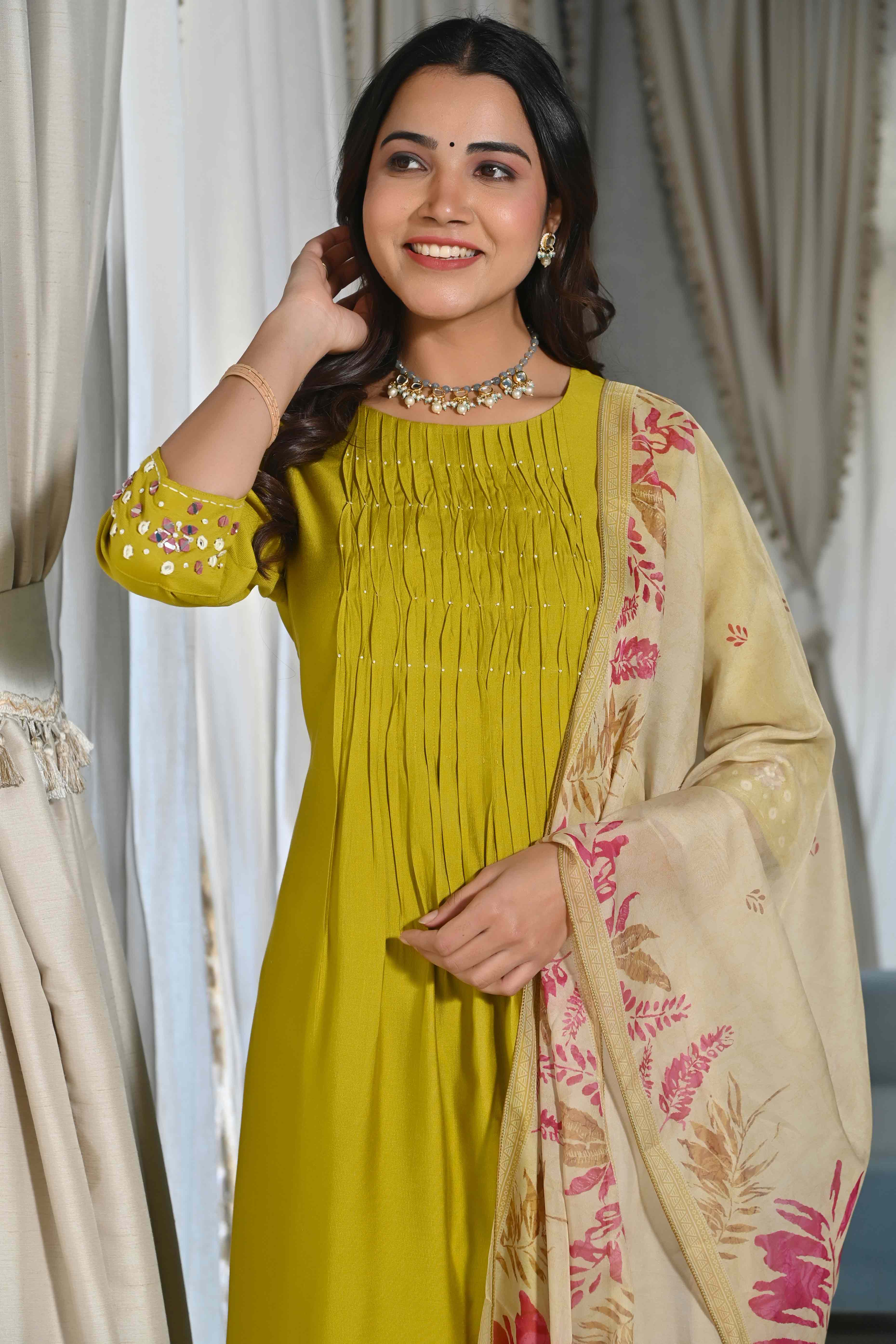 Olive Embroidered Viscose Salwar Suit