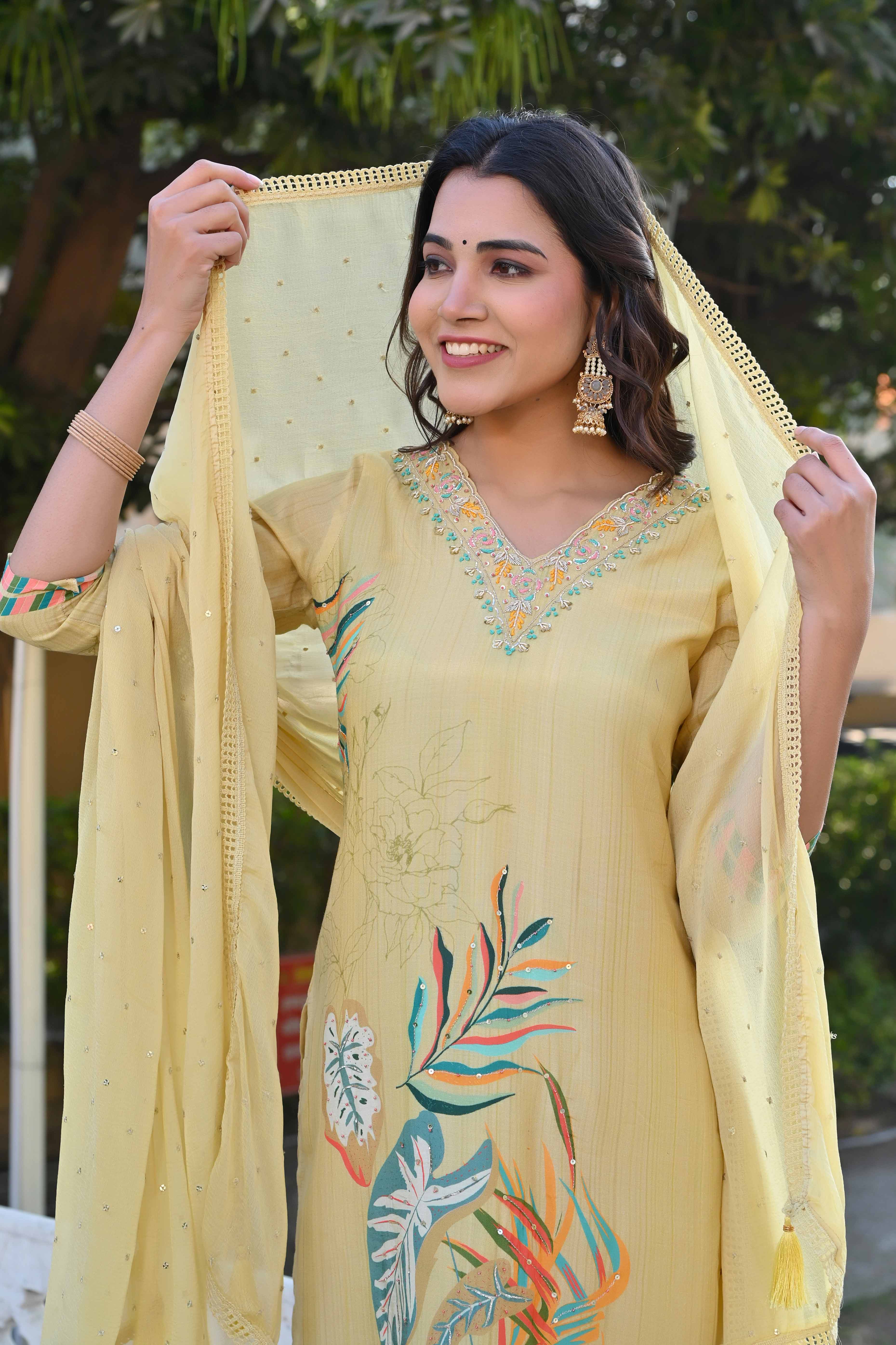 Lime Yellow Sequins Work With Printed Muslin Salwar Suit