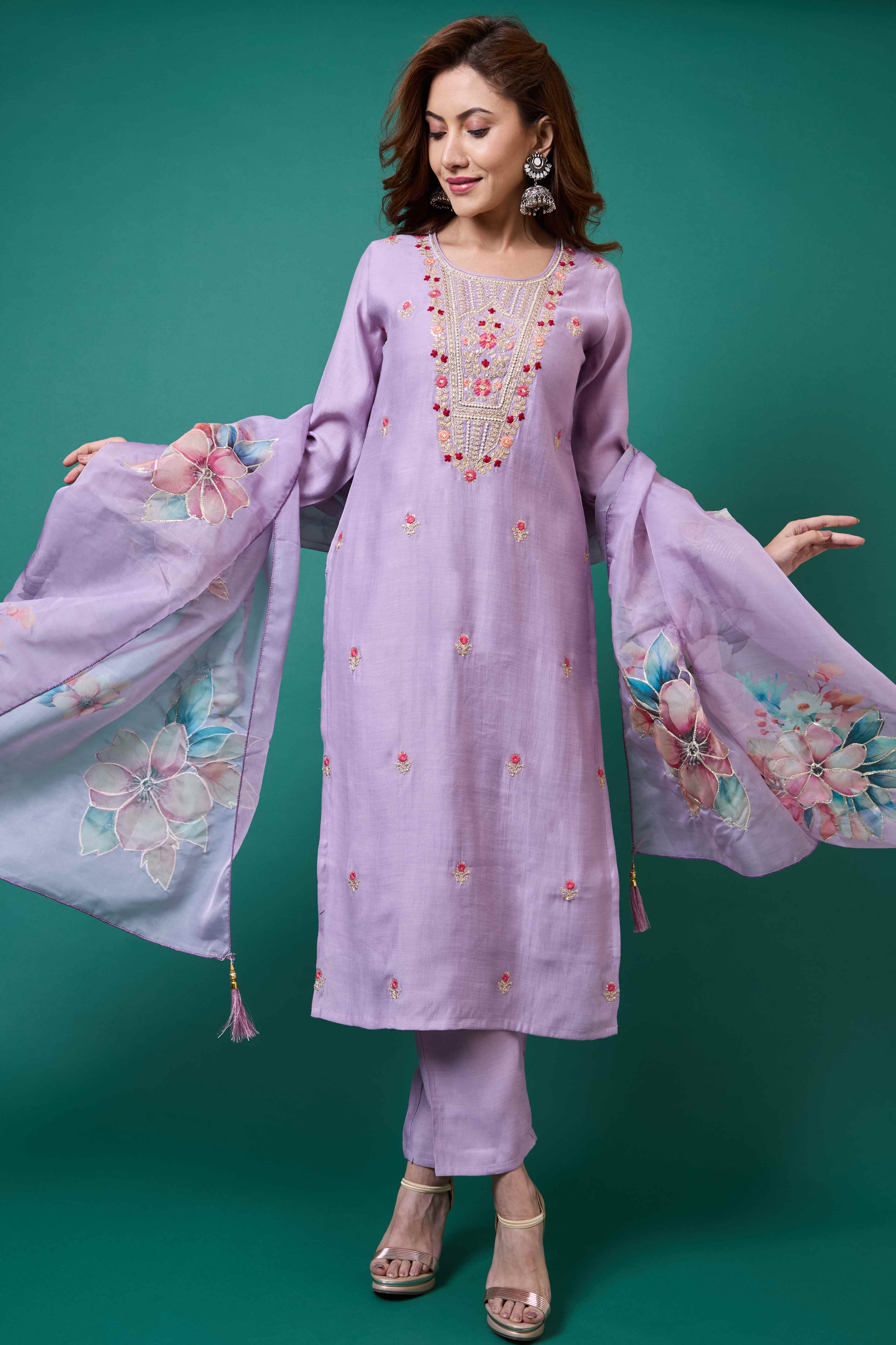 Lavender Handwork Embroidered Viscose Straight Salwar Suit