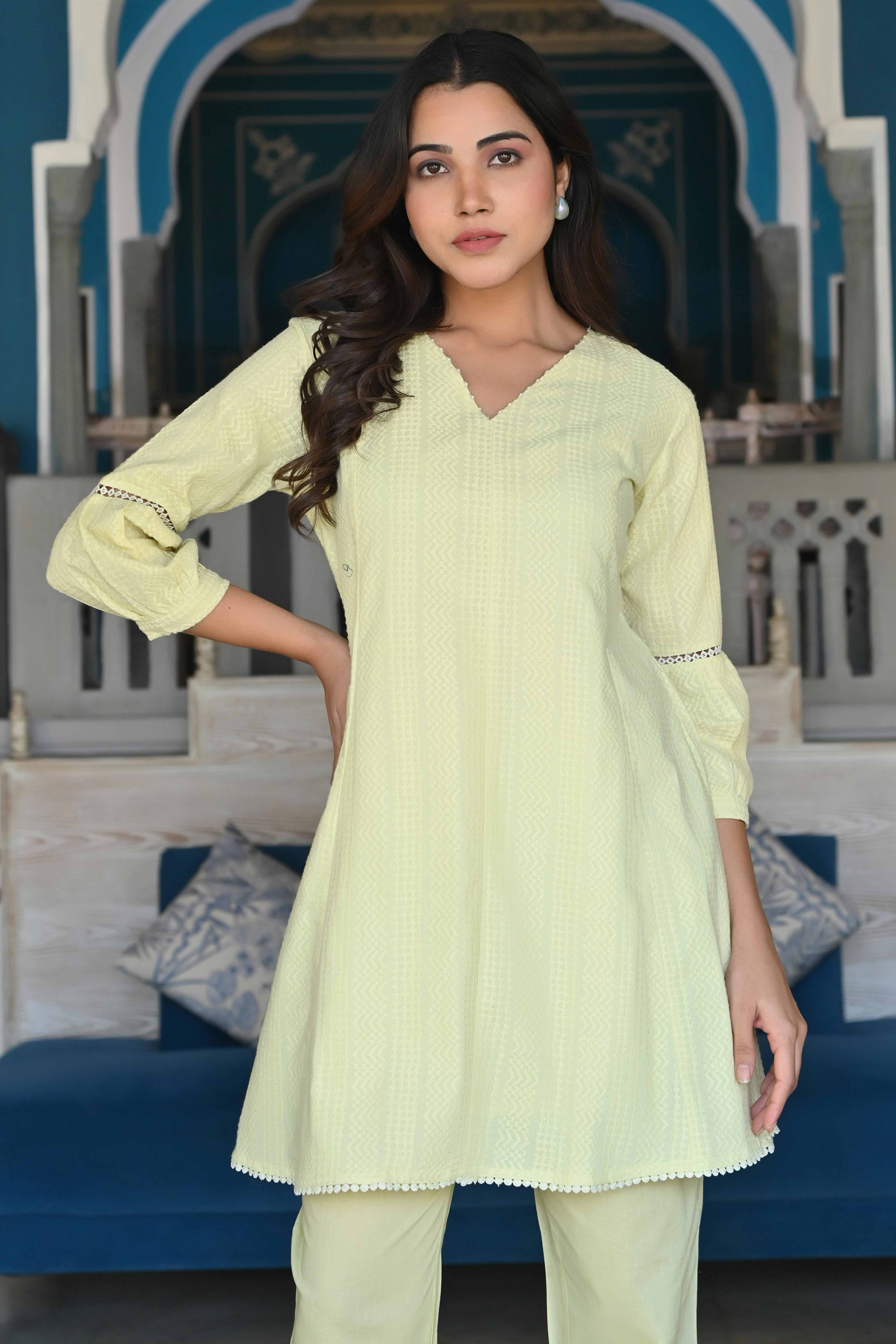 Lemon Yellow Dobby Work Pure Cotton Co-Ord Set