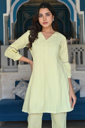 Lemon Yellow Dobby Work Pure Cotton Co-Ord Set