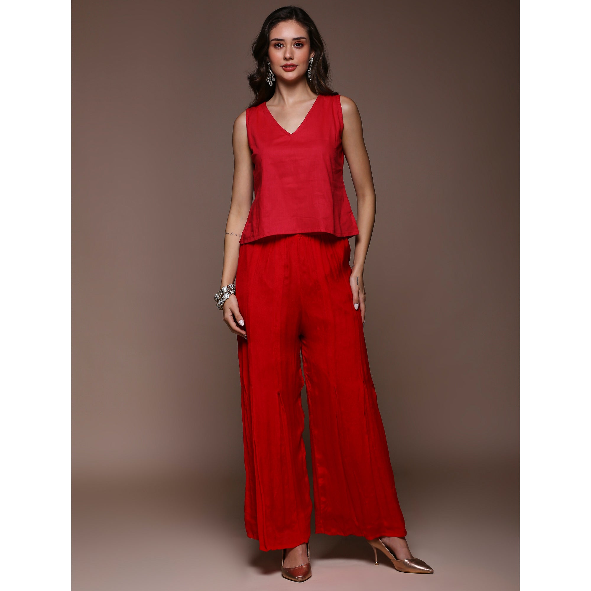 Crimson Red Embroidered Kaftan Style Chinon Co-Ord Set