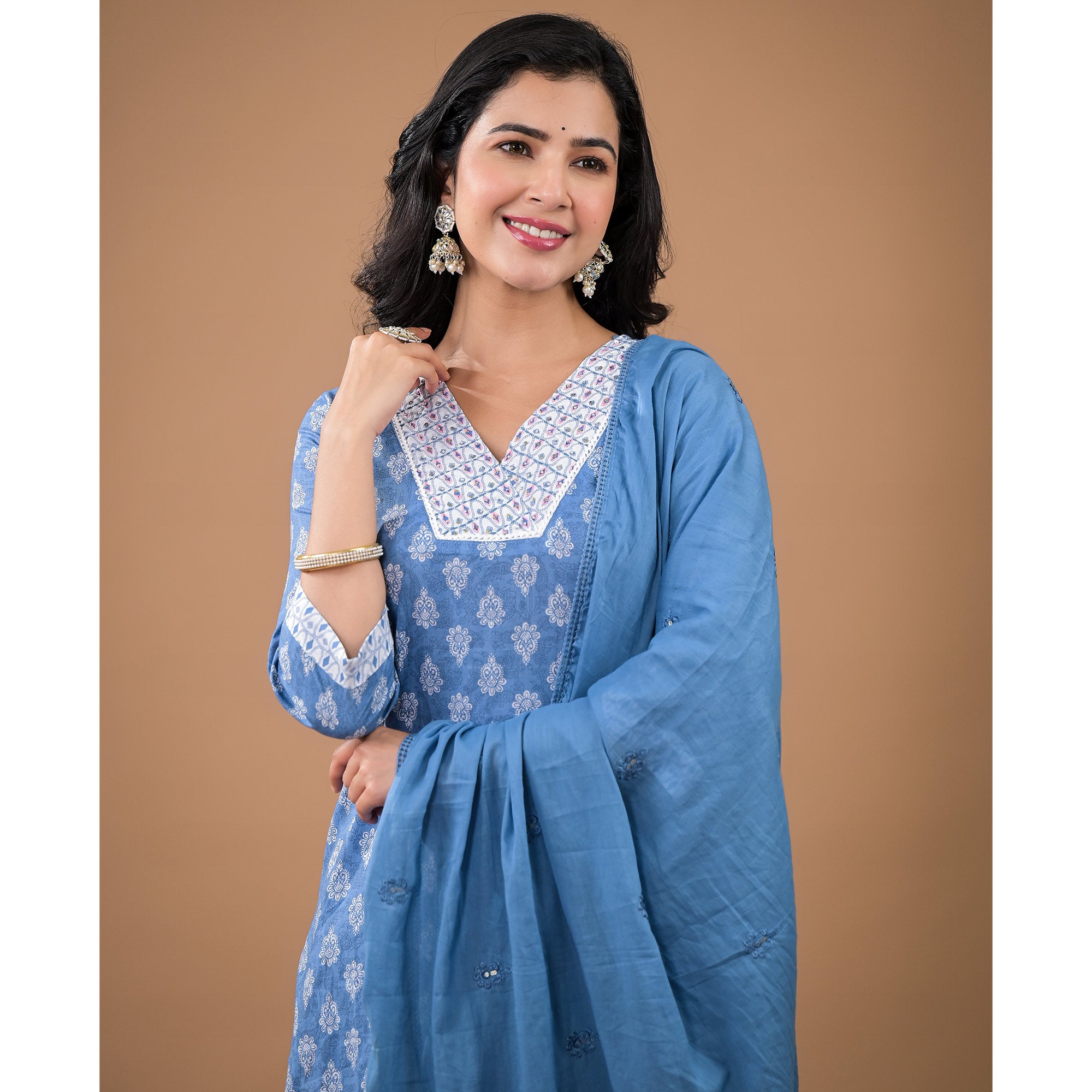 Blue Floral Printed Pure Cotton Salwar Suit