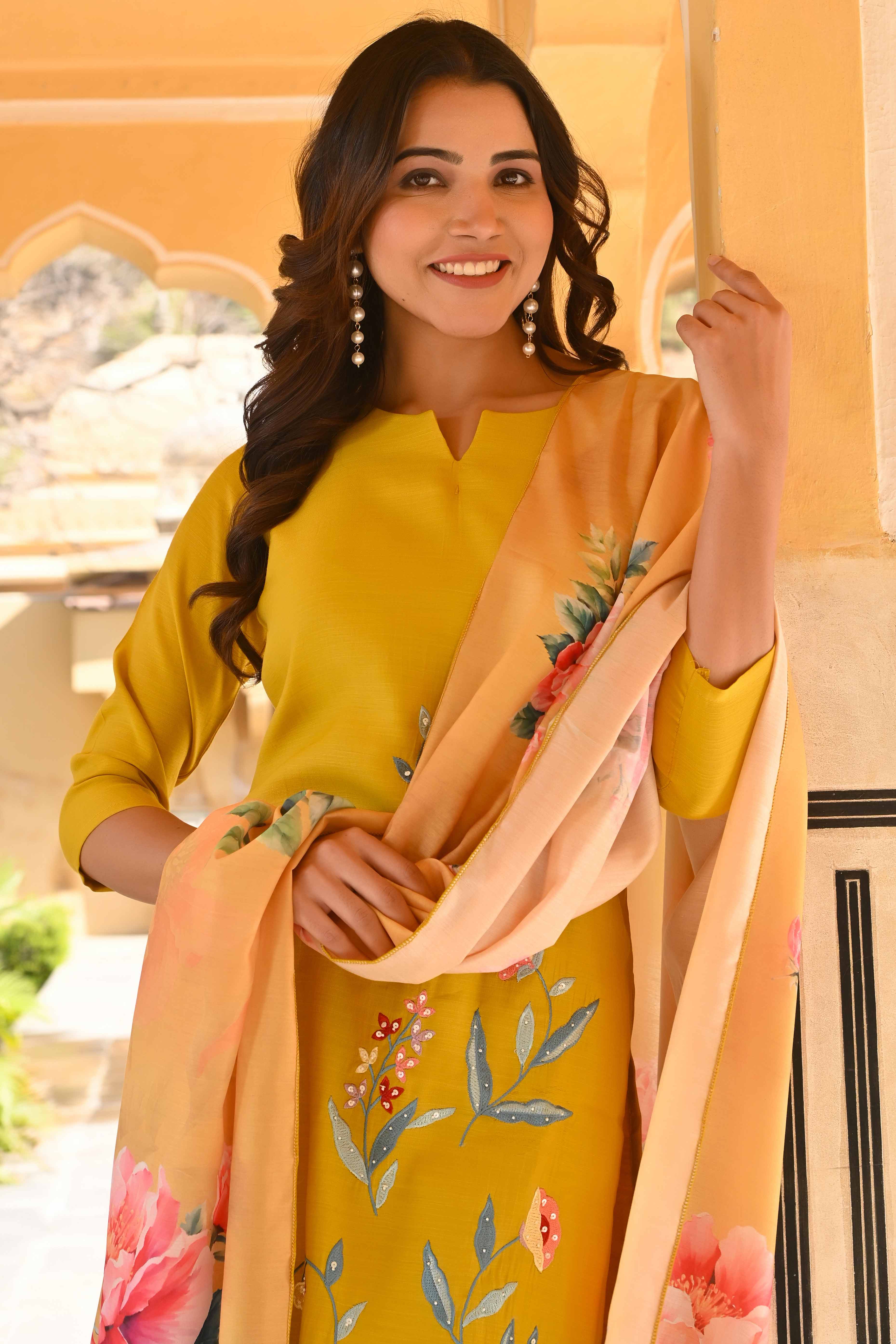 Mustard Floral Embroidered Viscose Straight Salwar Suit