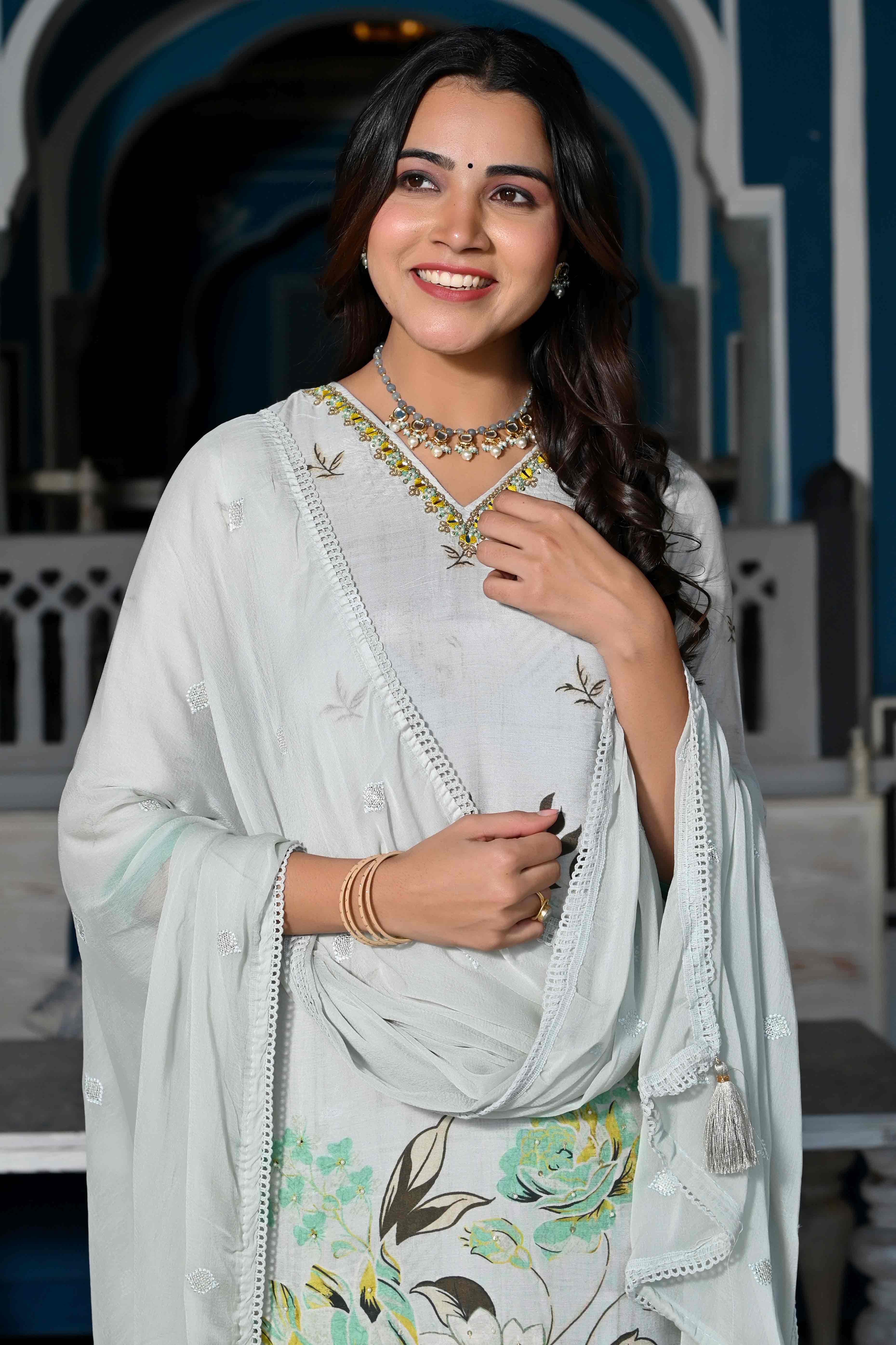 Grey Floral With Beads Work Printed Muslin Salwar Suit