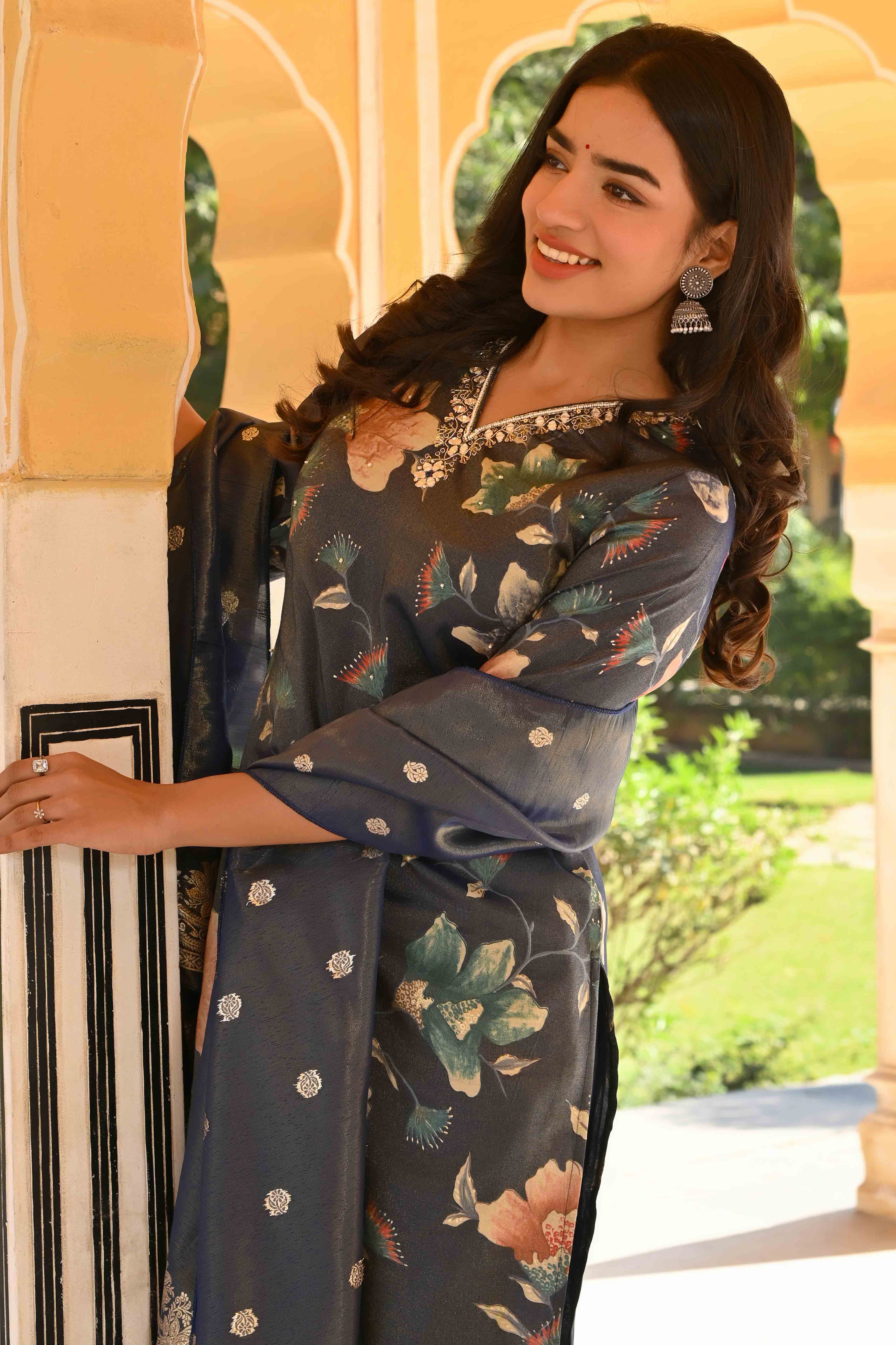 Blue Floral Foil Pinted With Handwork Viscose Salwar Suit