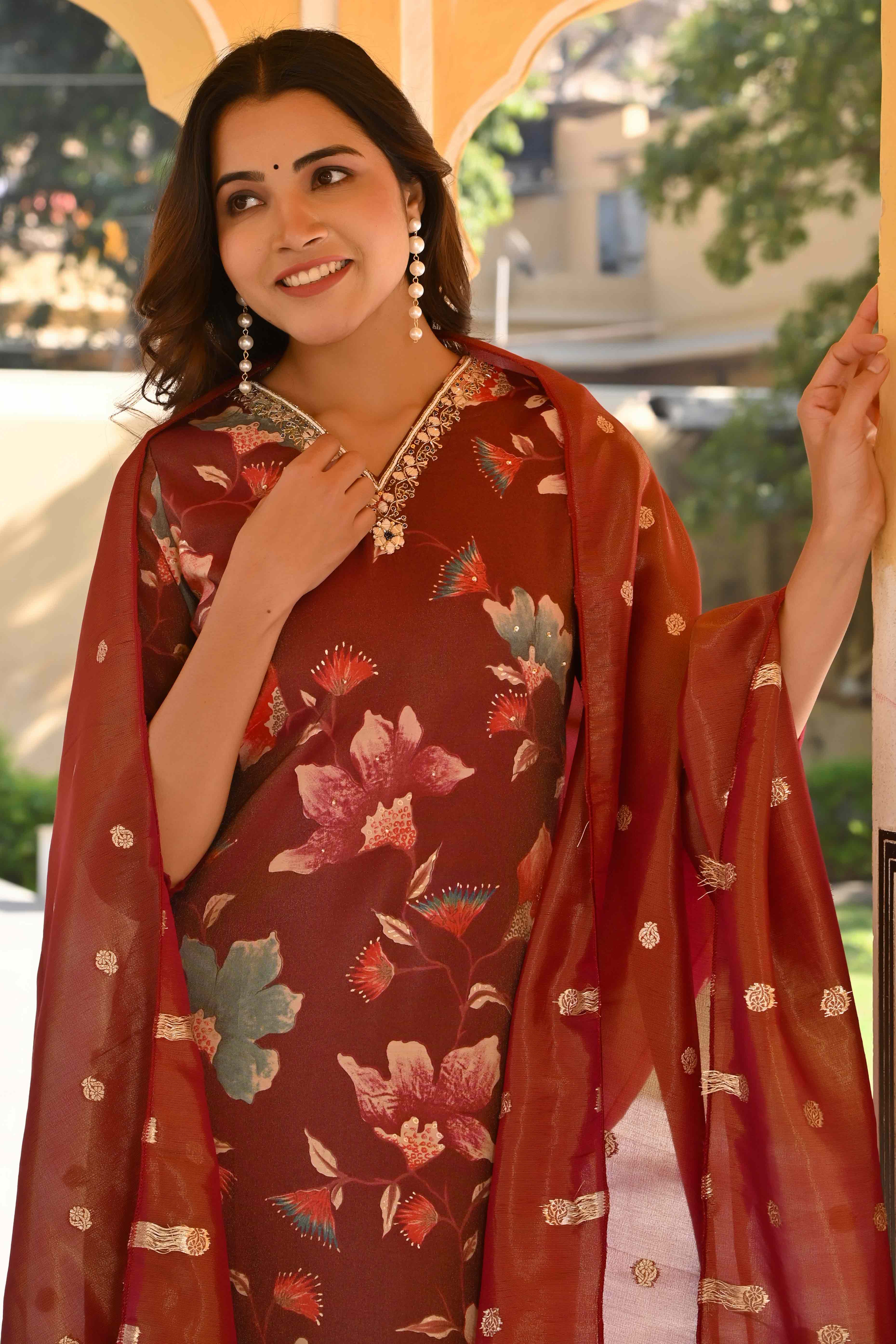 Wine Floral Foil Pinted With Handwork Viscose Salwar Suit