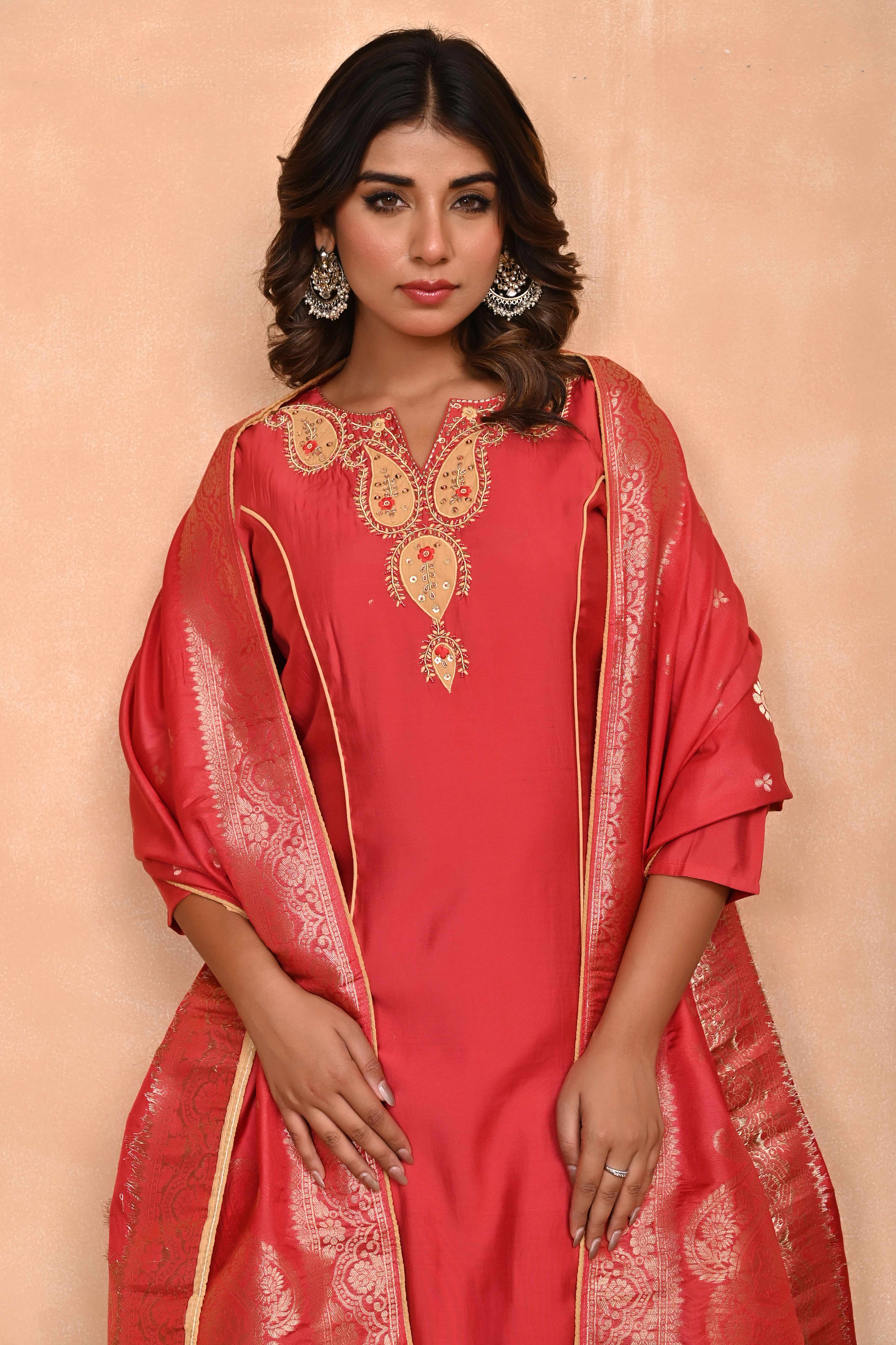 Rusty Red Embroidered A-Line Chanderi Silk Salwar Suit with Delicate Patchwork Detailing