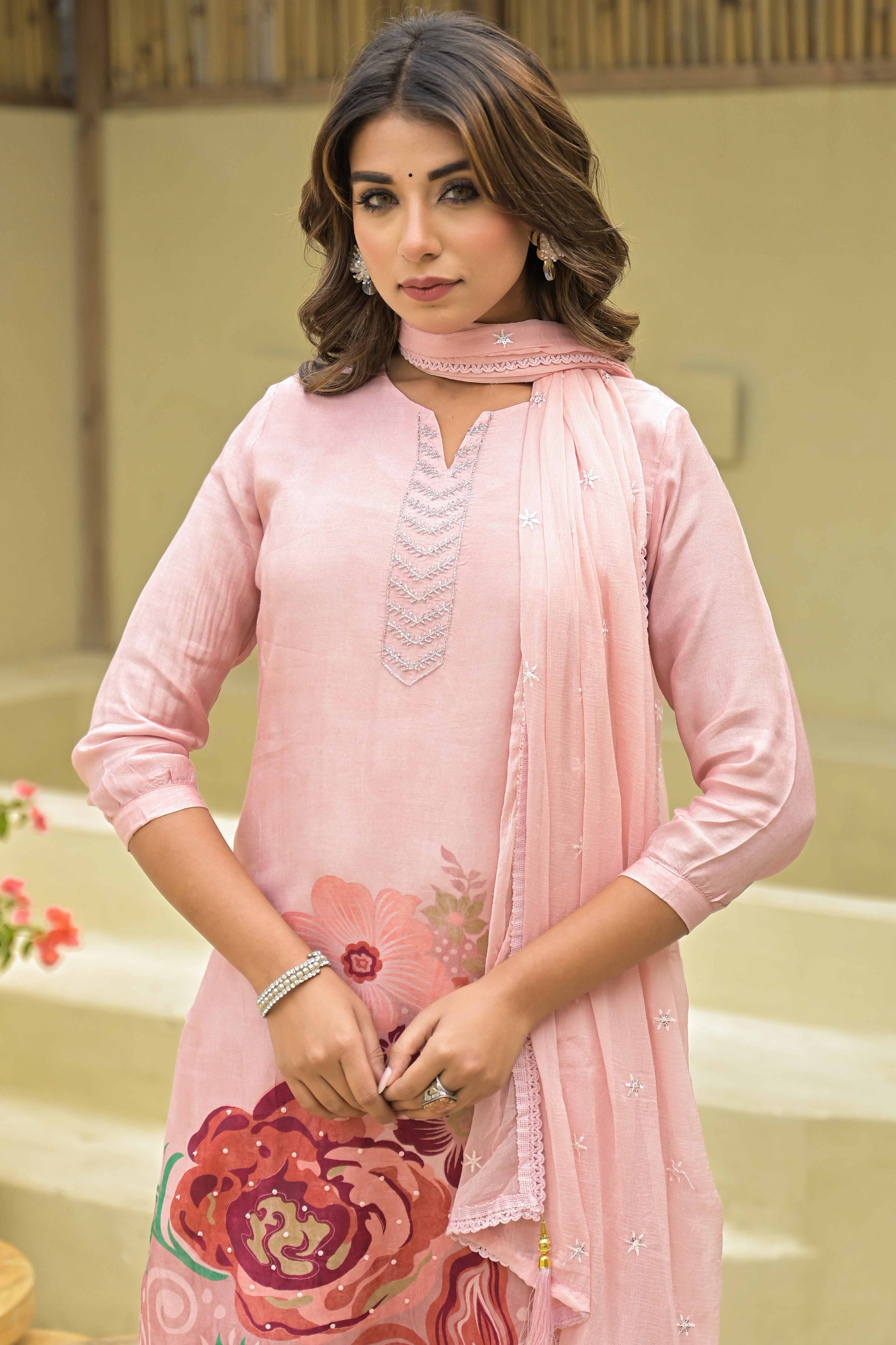 Blush Peach Floral Printed Muslin Straight Salwar Suit With Handwork