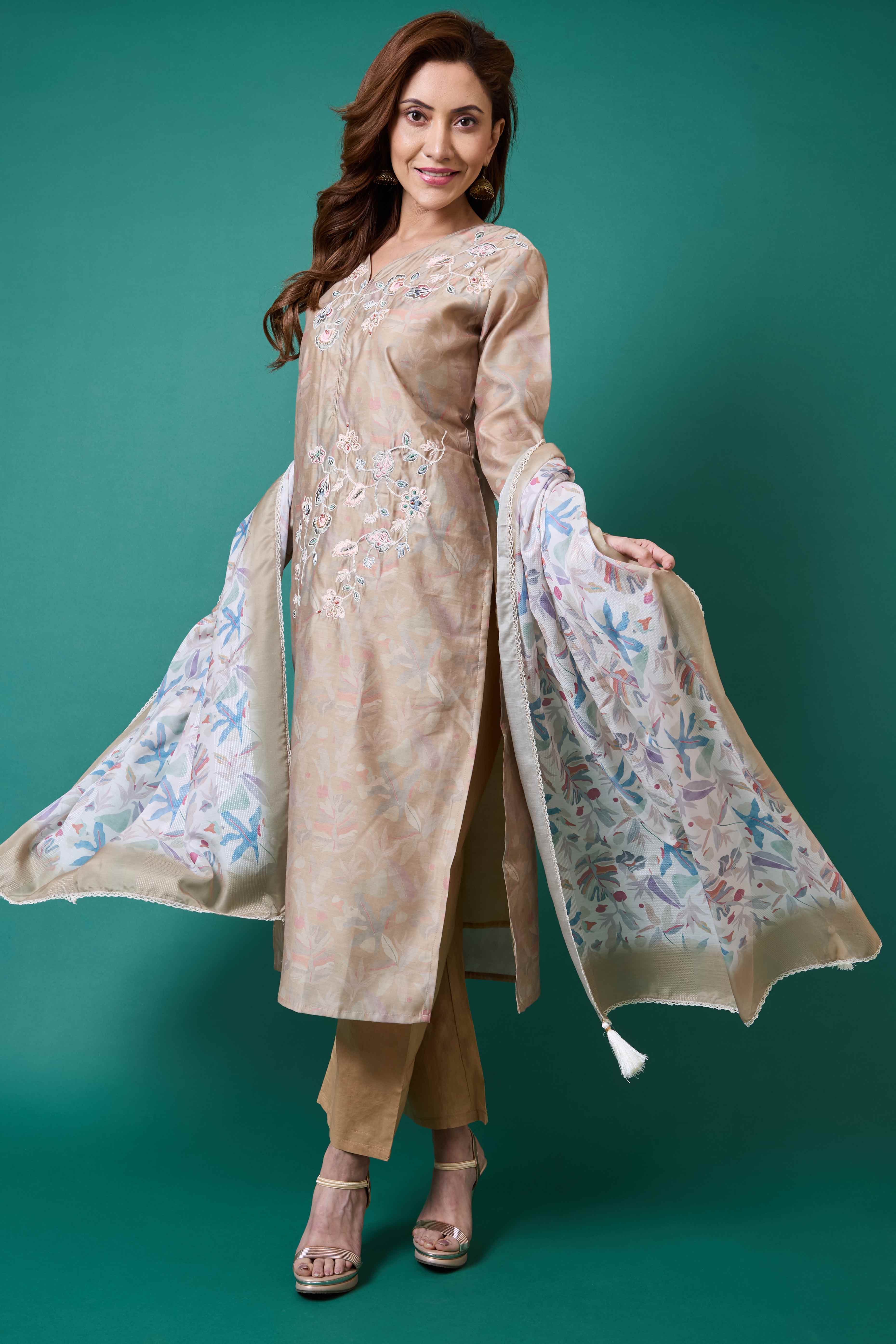 Light Olive Floral Embroidered Chanderi Silk Straight Salwar Suit