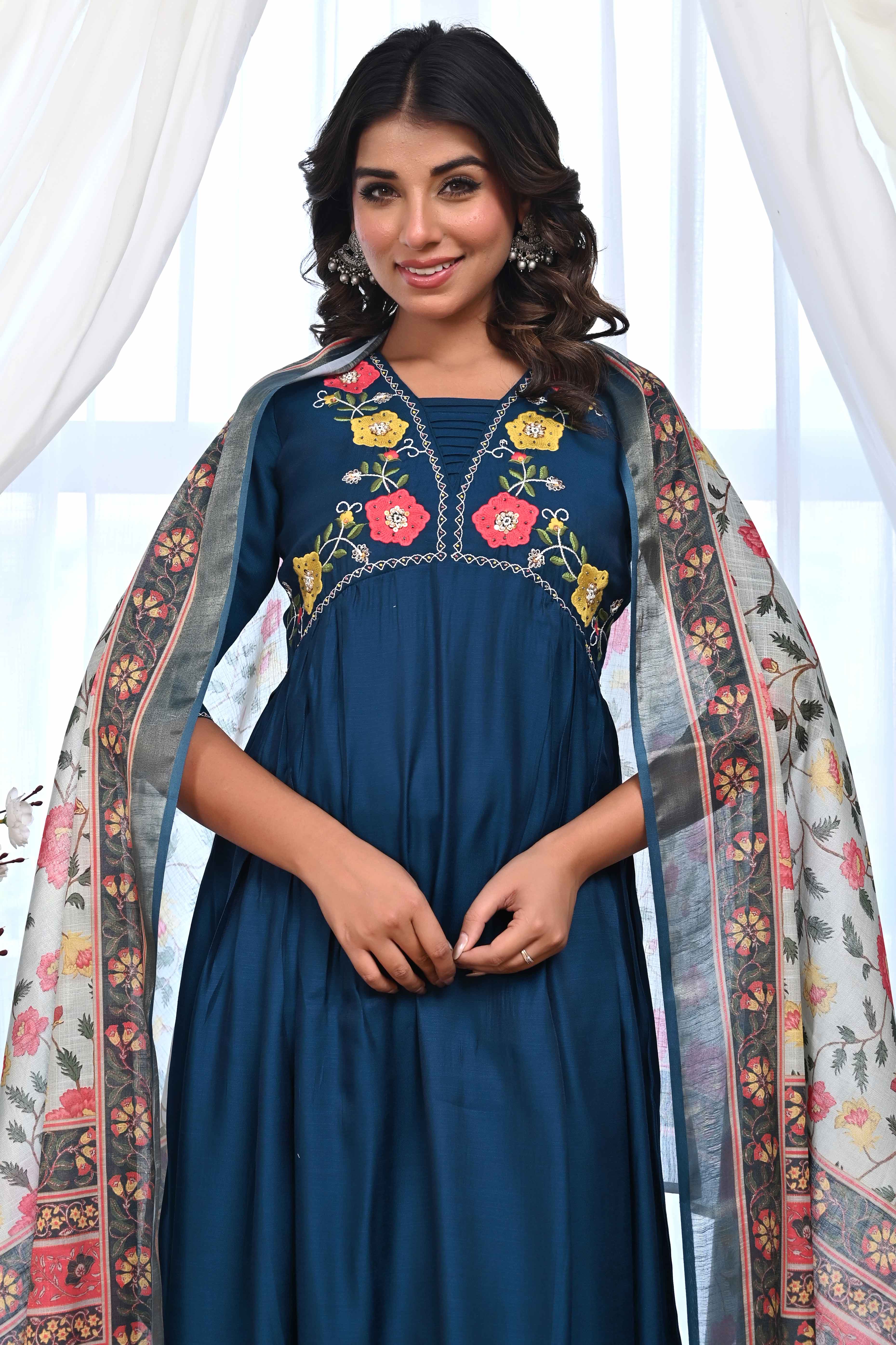 Blue Floral Embroidered A-Line Alia Cut Suit With Elegant Moti Handwork On Cotton Blend