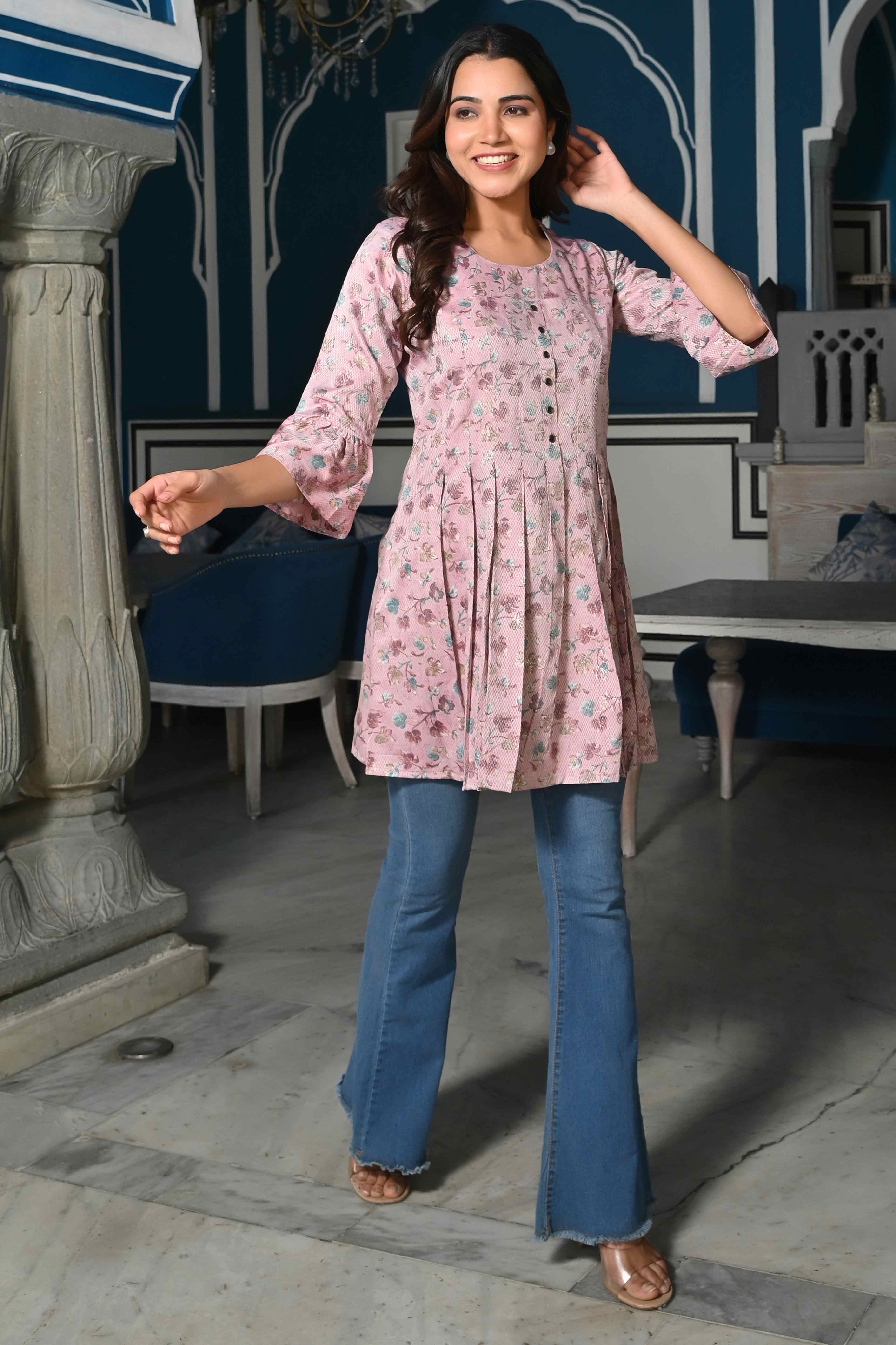 Light Purple Floral Foil Printed Rayon A-Line Top