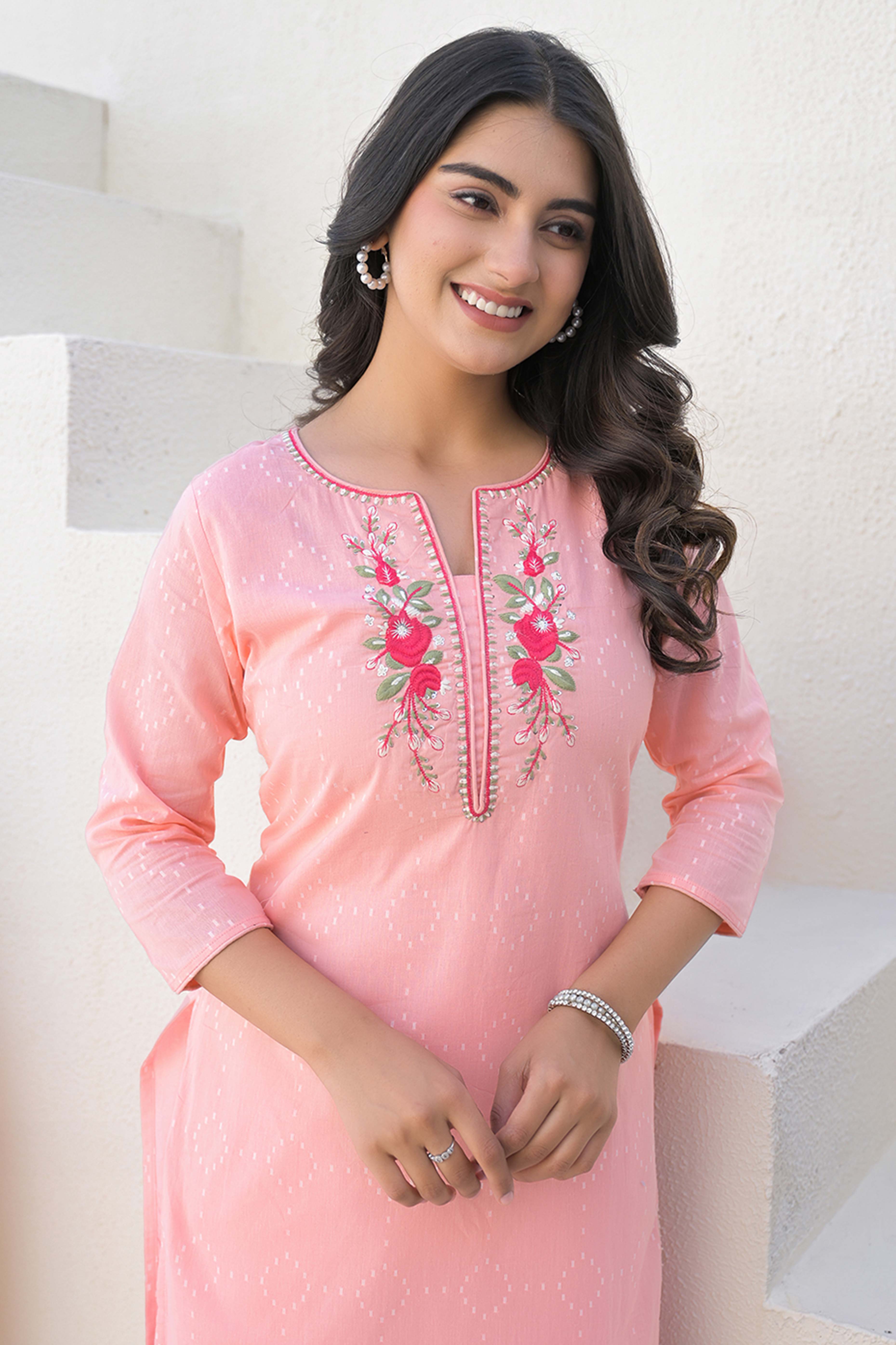 Peach Cotton Straight Kurti with Delicate Neck Embroidery
