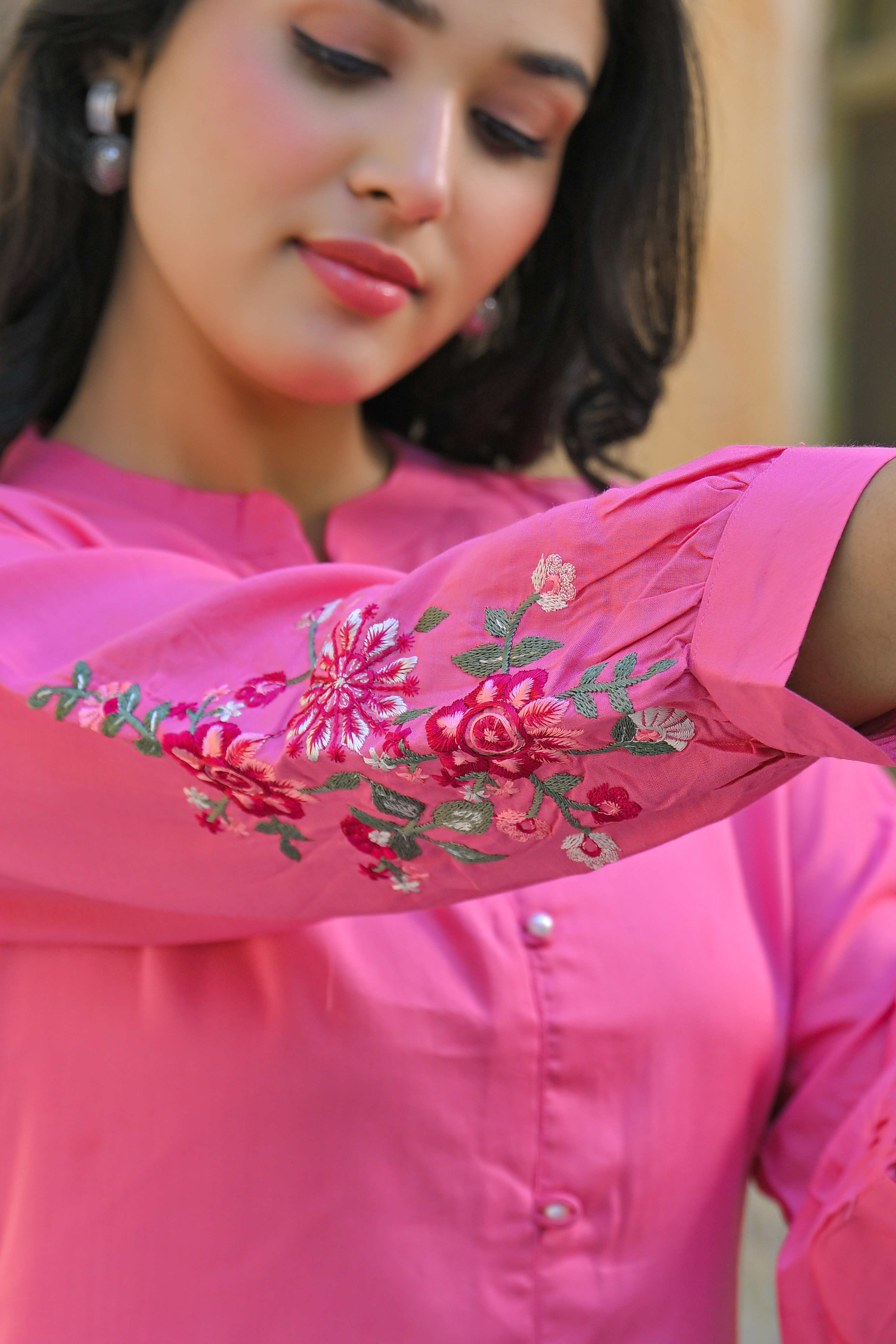 Pink Floral Embroidered Rayon Straight Top