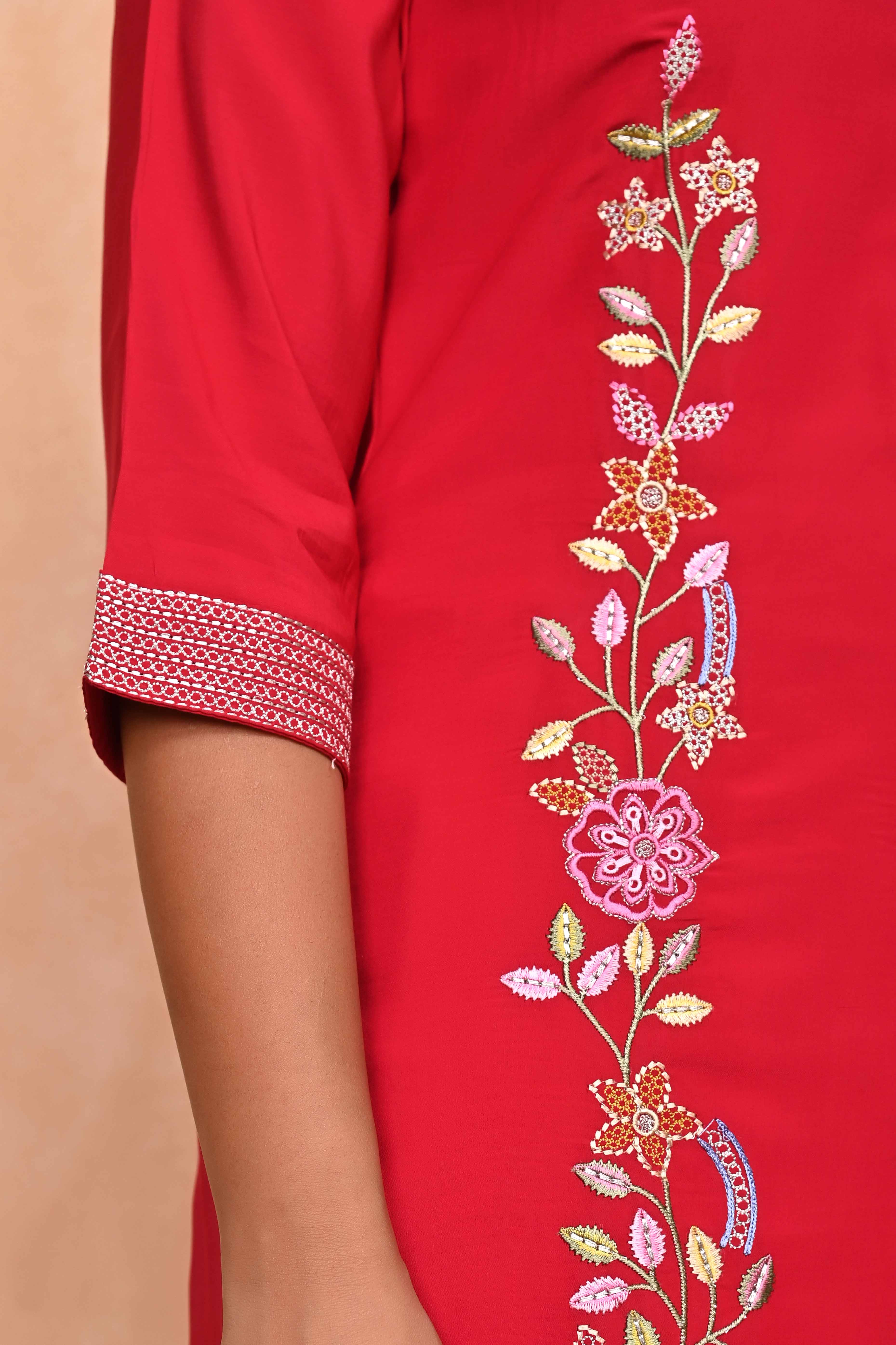 Stylish Red Co-Ord Set in Chanderi Silk with Intricate Floral Embroidery