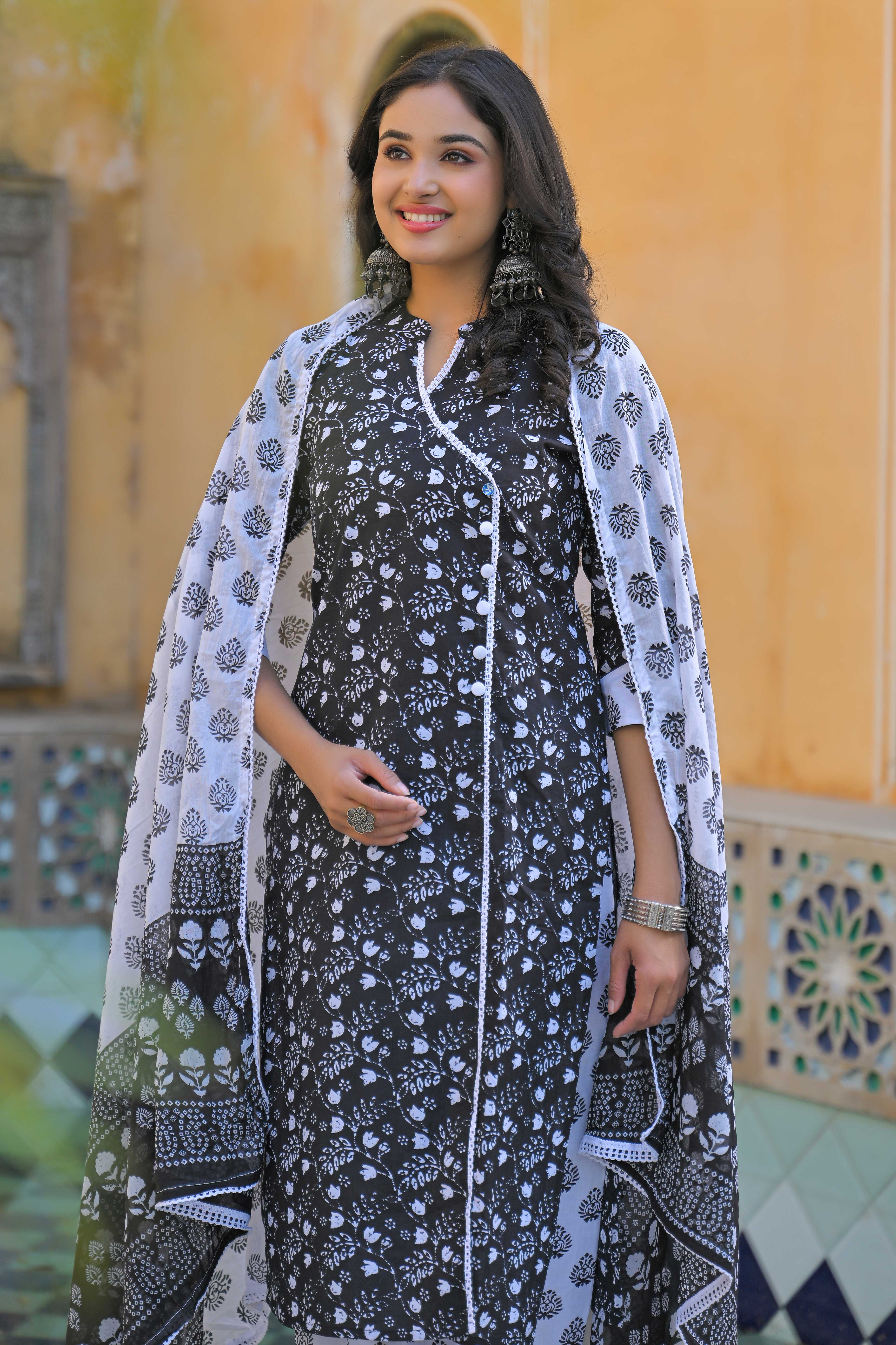Black Floral Printed Pure Cotton Angrakha Salwar Suit