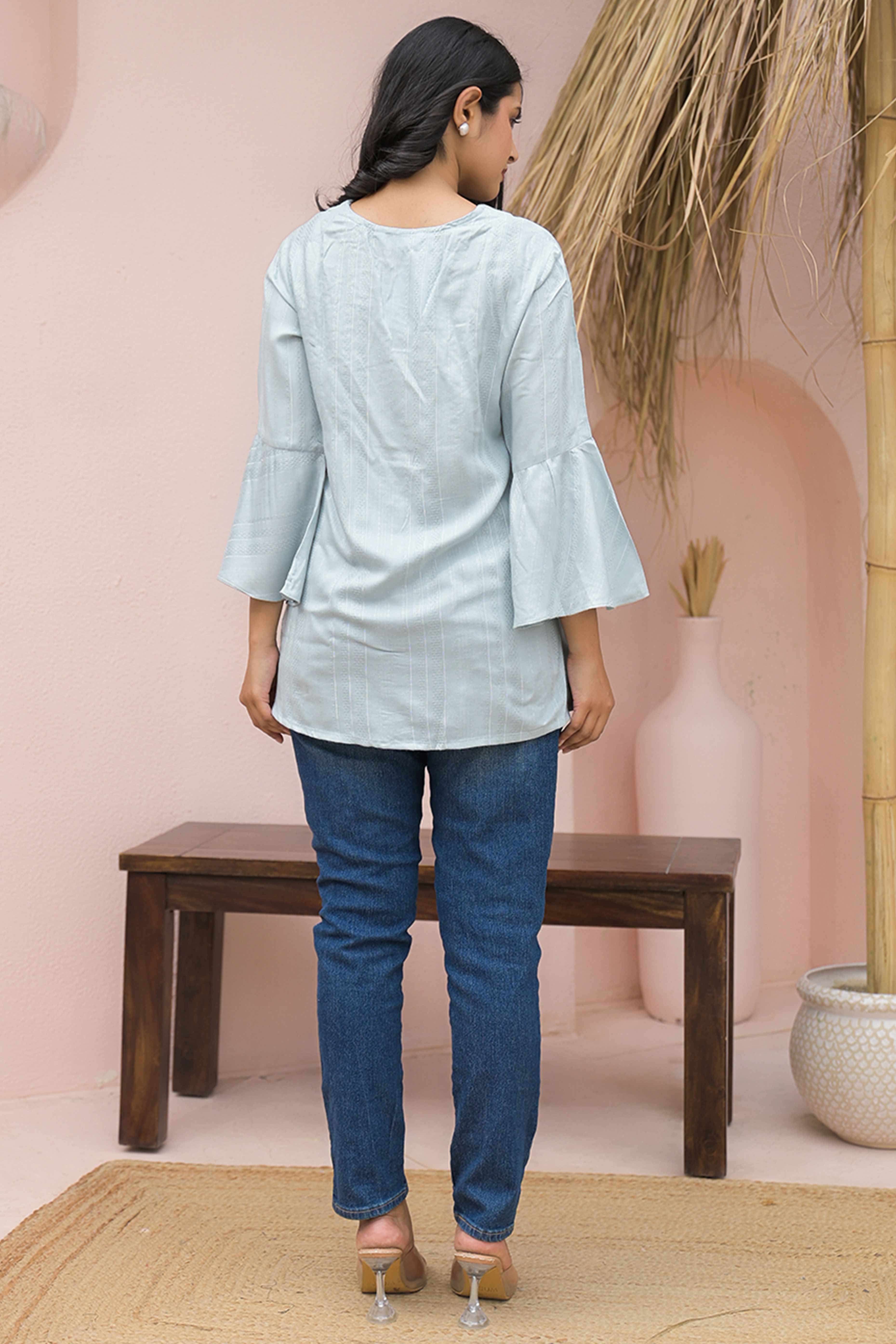 Elegant Light Sky Blue A-Line Cotton Top with Delicate Floral Work