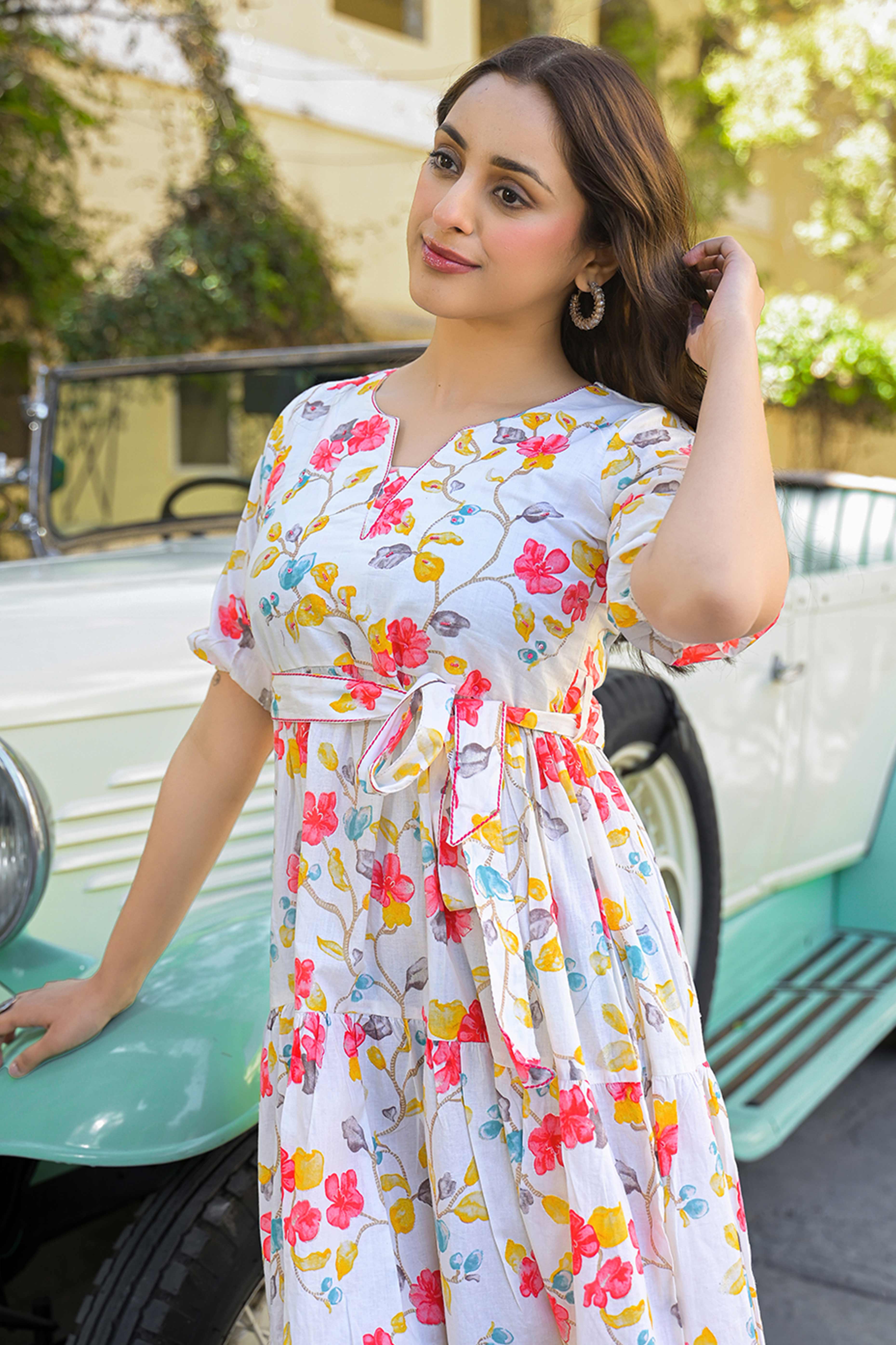 Pink Floral Printed Pure Cotton Maxi Dress