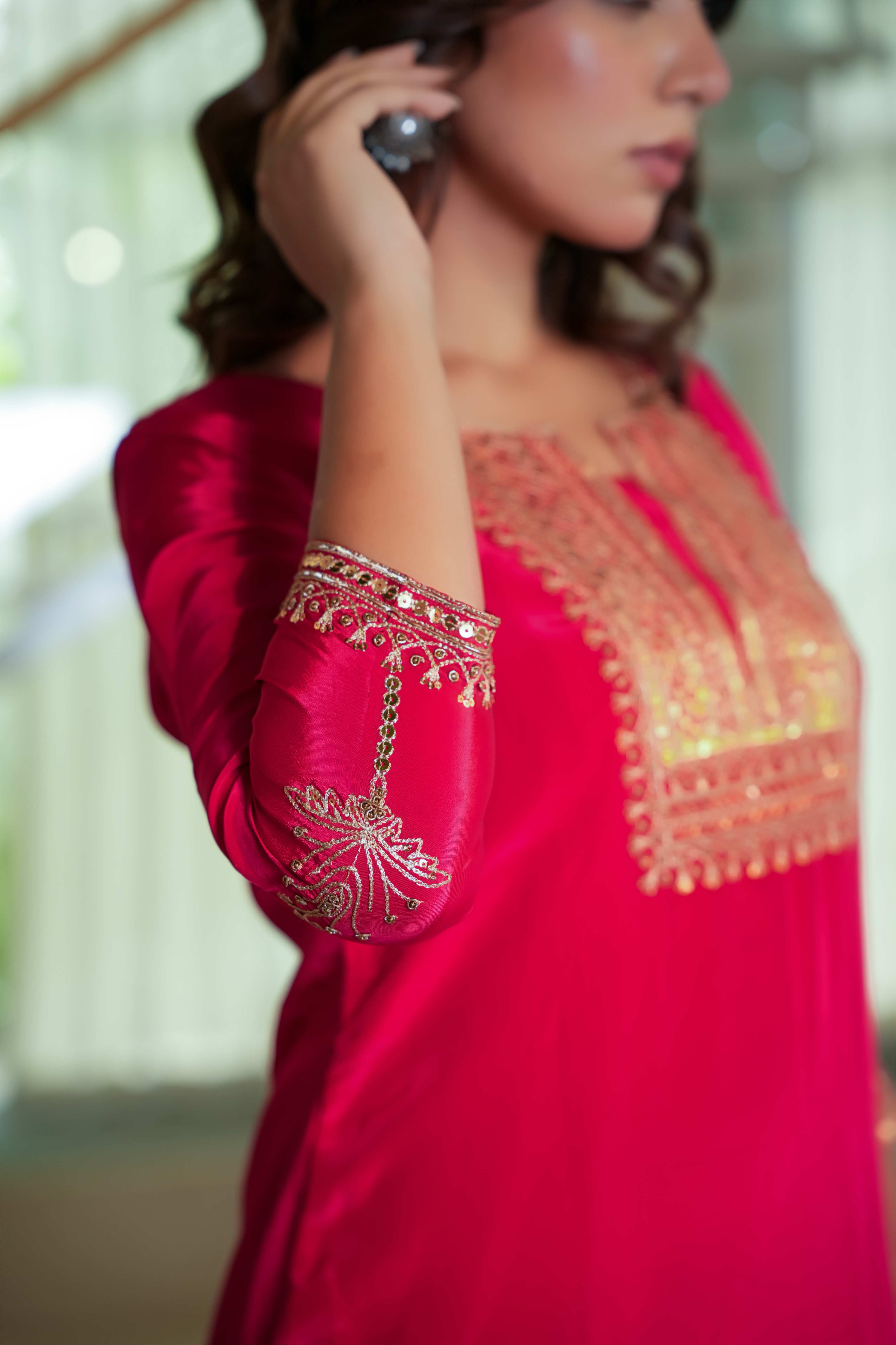 Glamorous Red Crepe Straight Suit with Intricate Sequin Embroidery