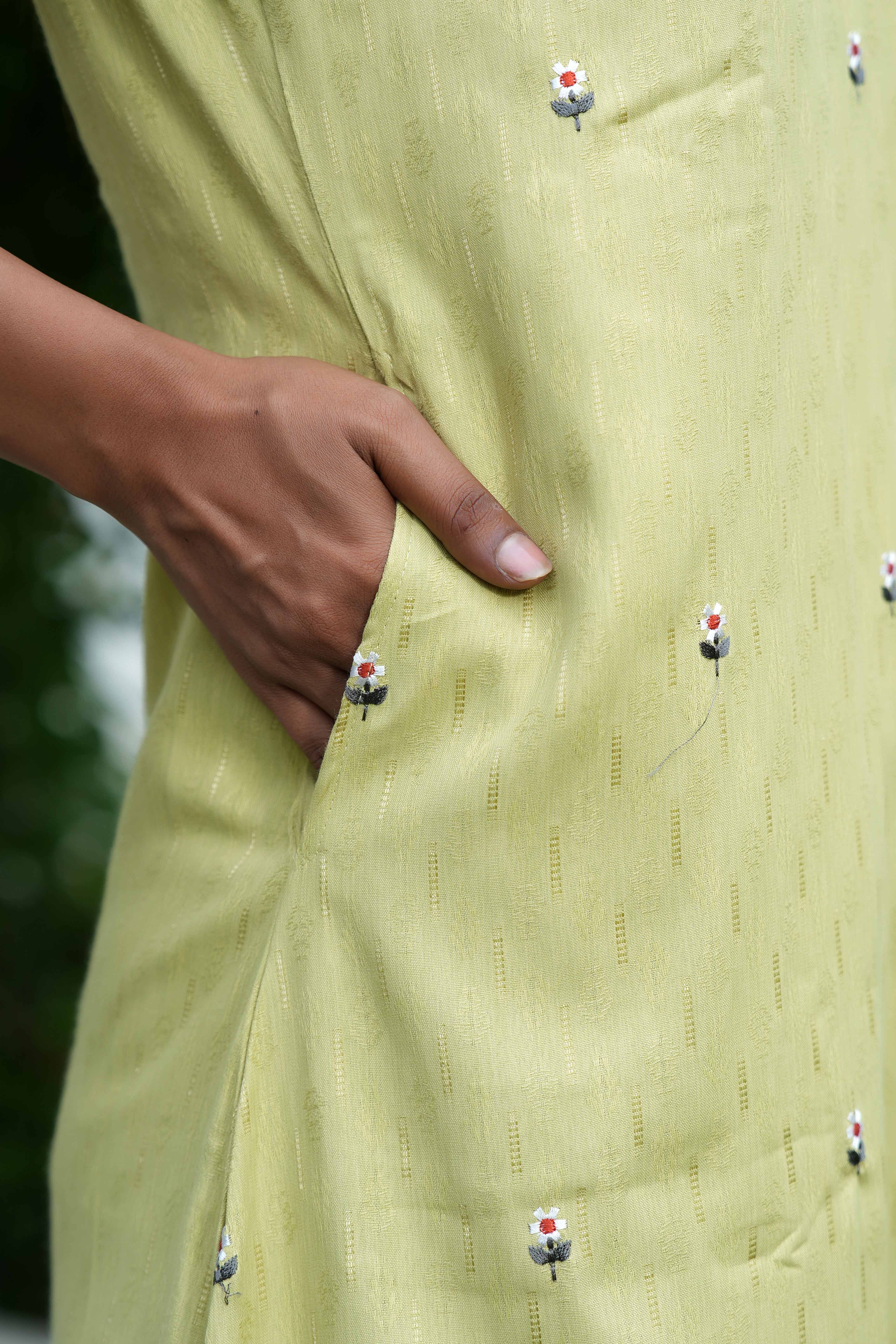 Light Green A-Line Top and Bottom Set in Dobby Rayon with Intricate Floral Embroidery