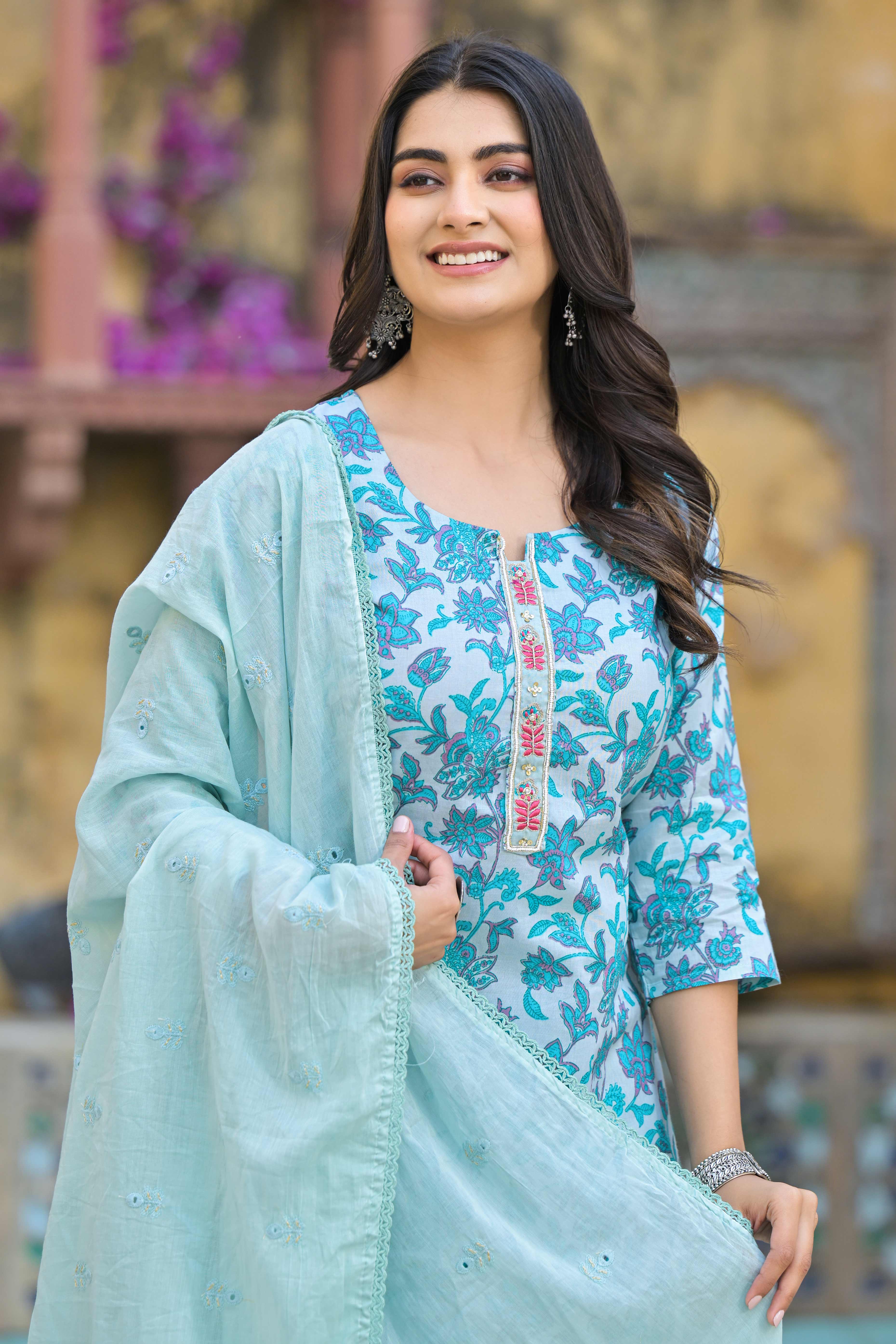 Turquoise Floral Printed Pure Cotton Straight Salwar Suit
