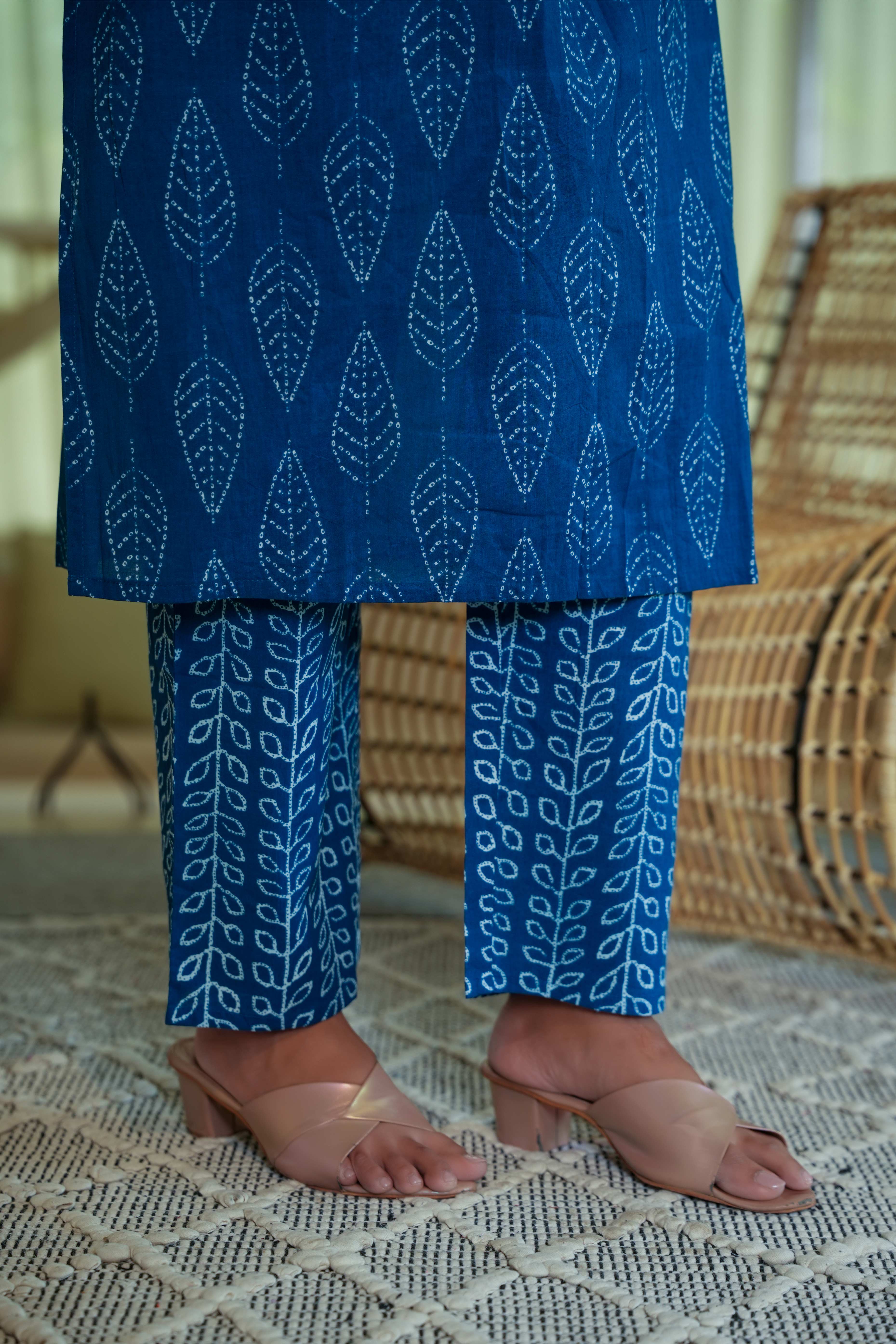 Leaf Motif Printed Pure Cotton Straight Suit in Classic Navy Blue Hue