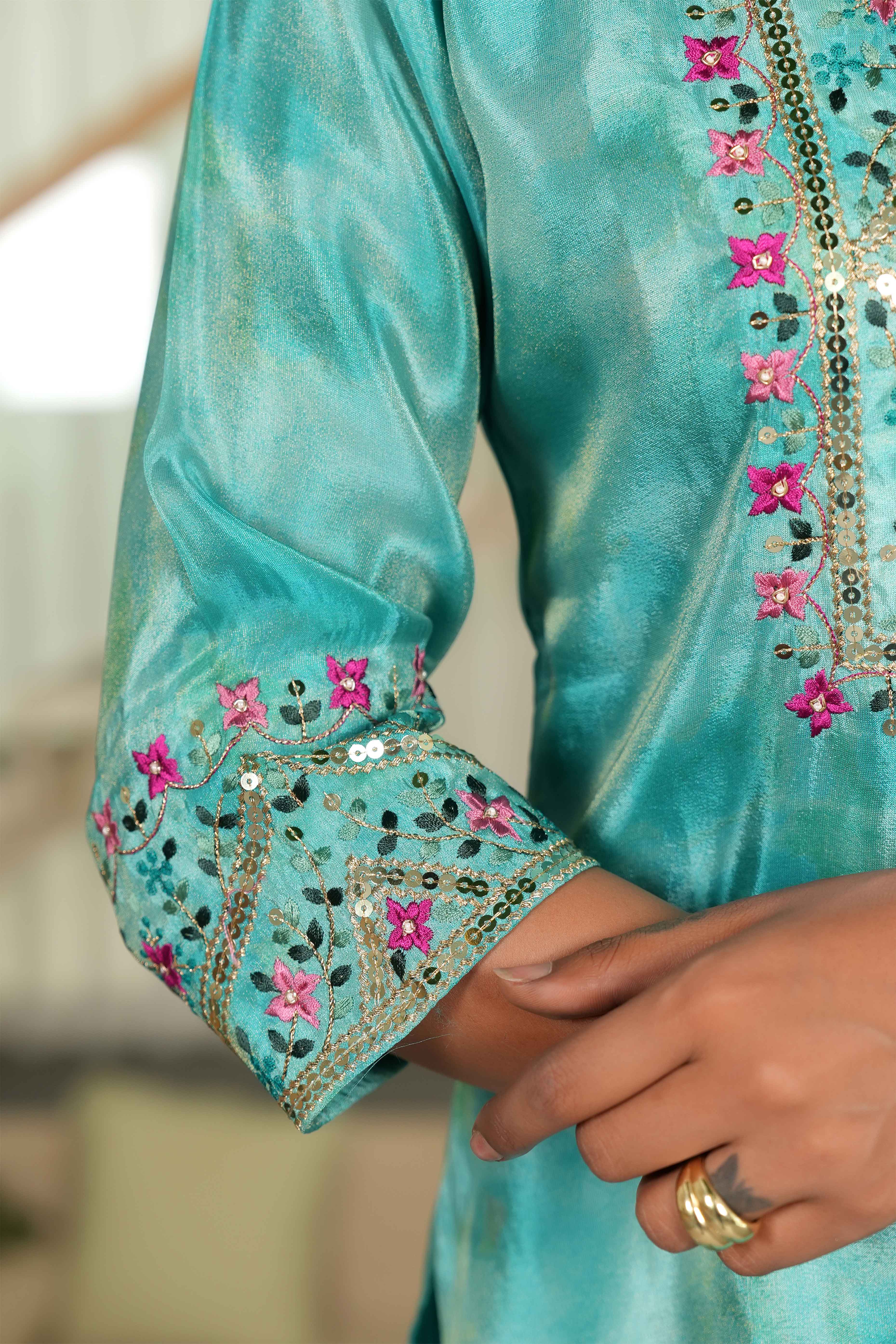 Turquoise Embroidered Organza Sharara Set with Delicate Floral Sequins