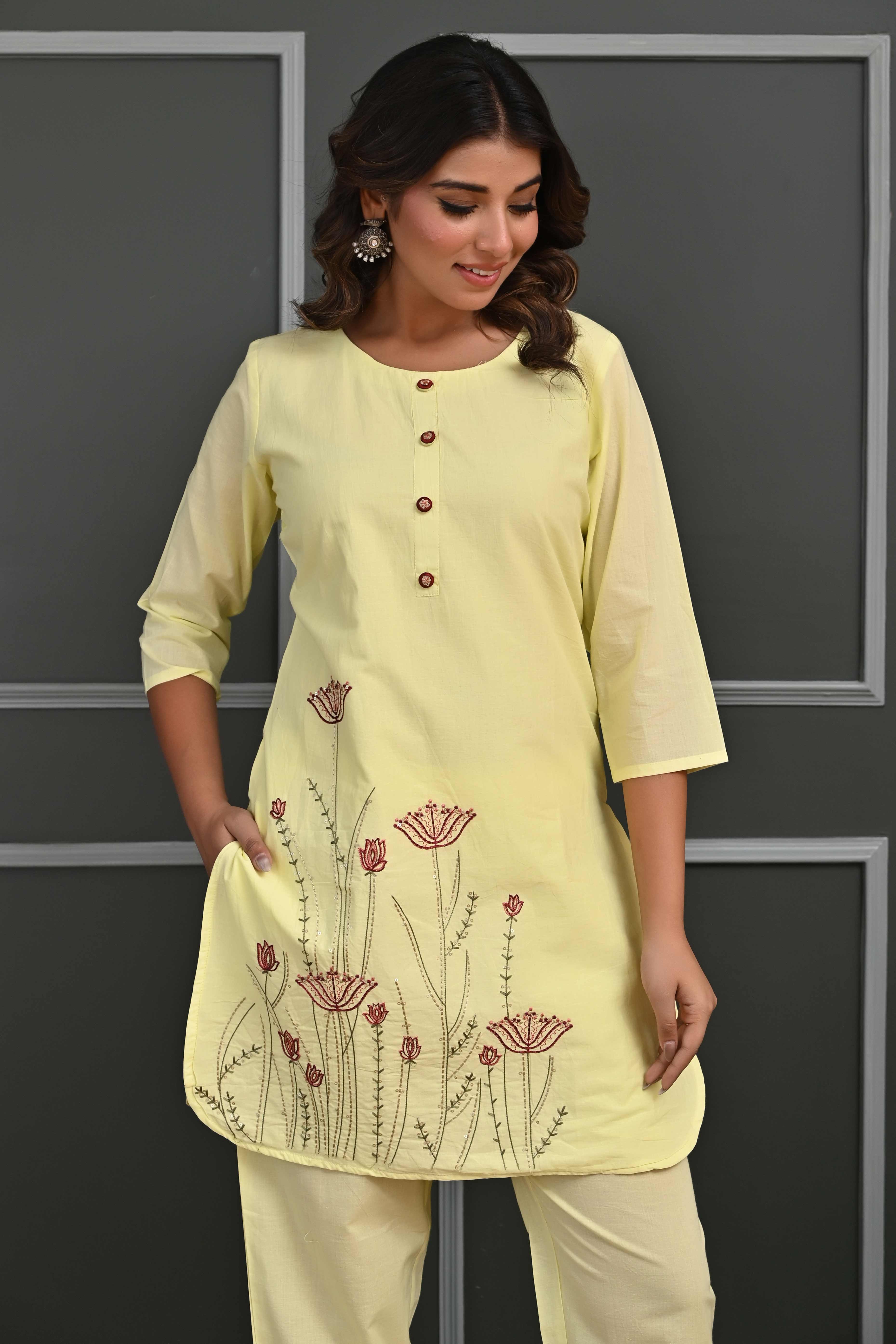 Radiant Yellow Floral Embroidered Co-Ord Set in Breathable Cotton for Stylish Comfort