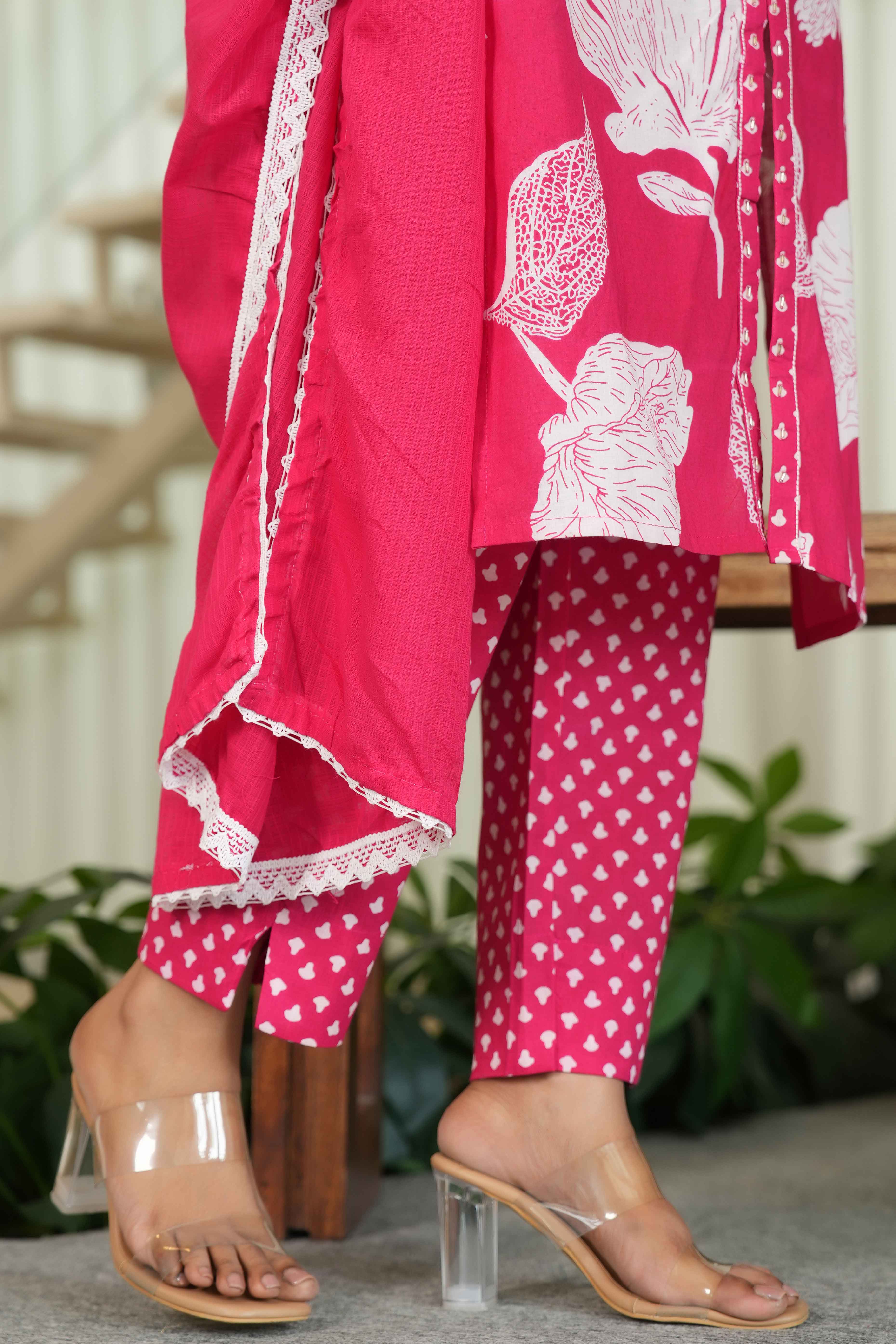 Rani Pink Pure Cotton Suit with Artistic Floral Prints With Modern Front Slit Look