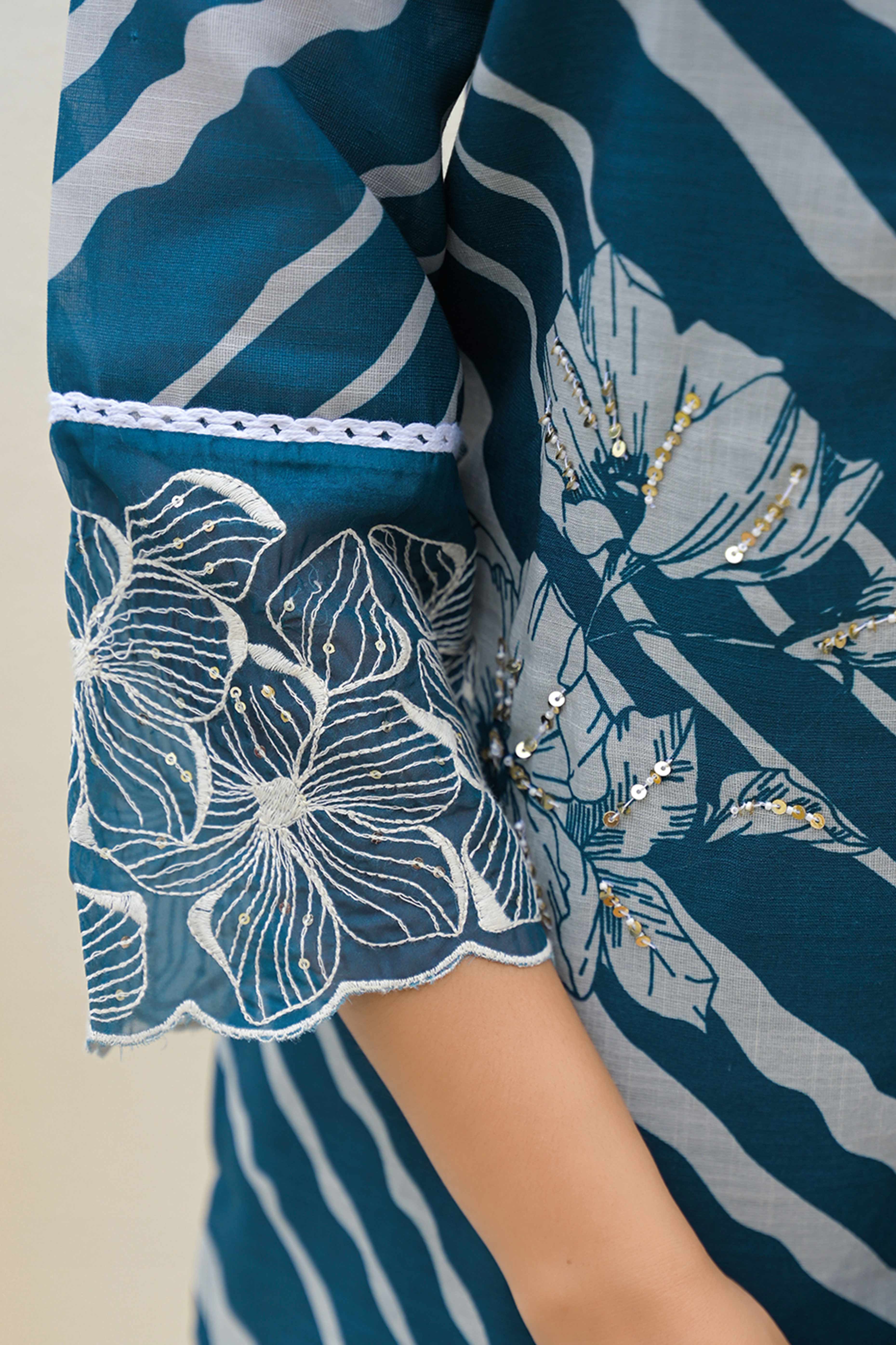 Modern Teal Linen Suit with Artistic Floral Print and Stone Accents