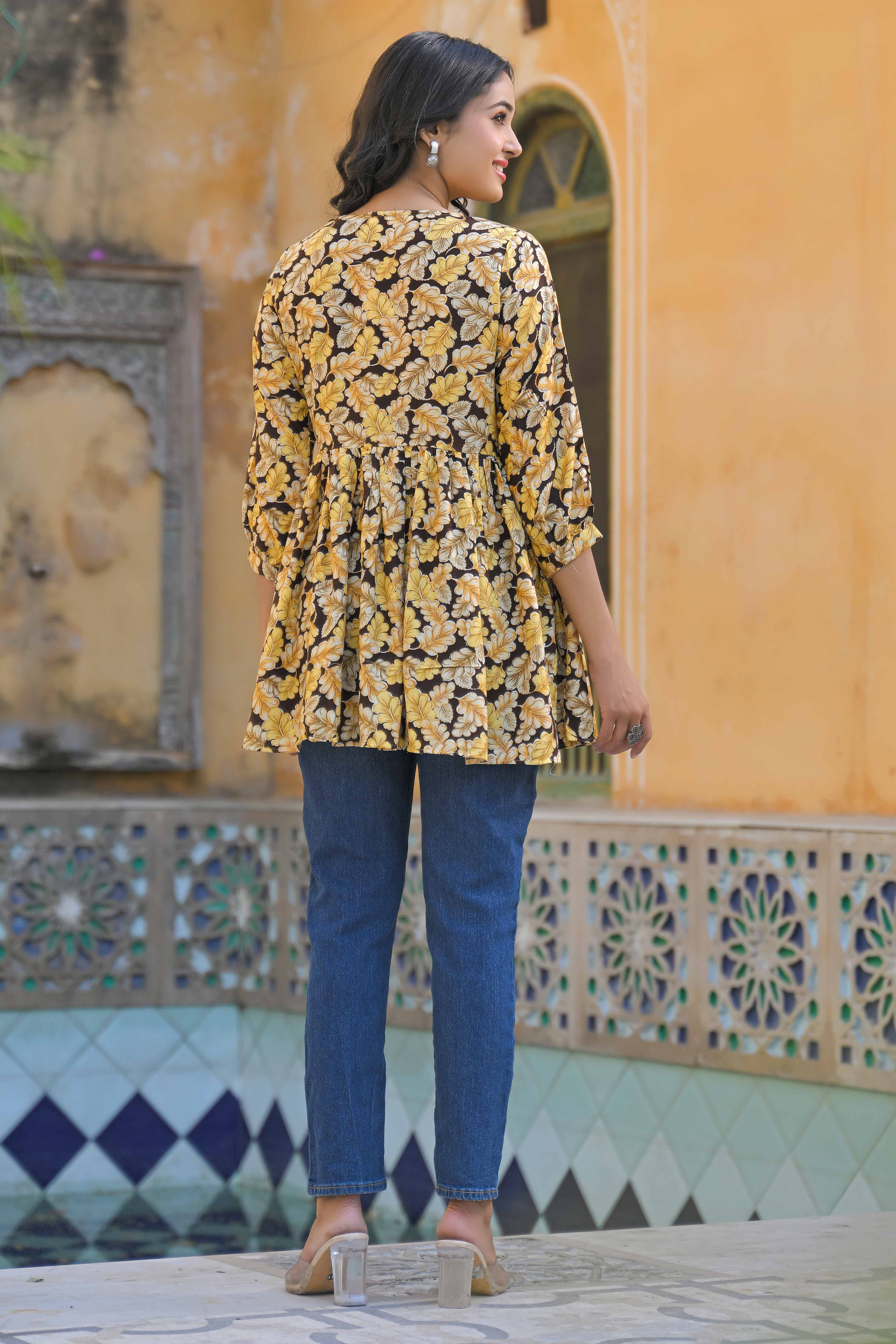 Brown Floral Printed Rayon A-Line Top